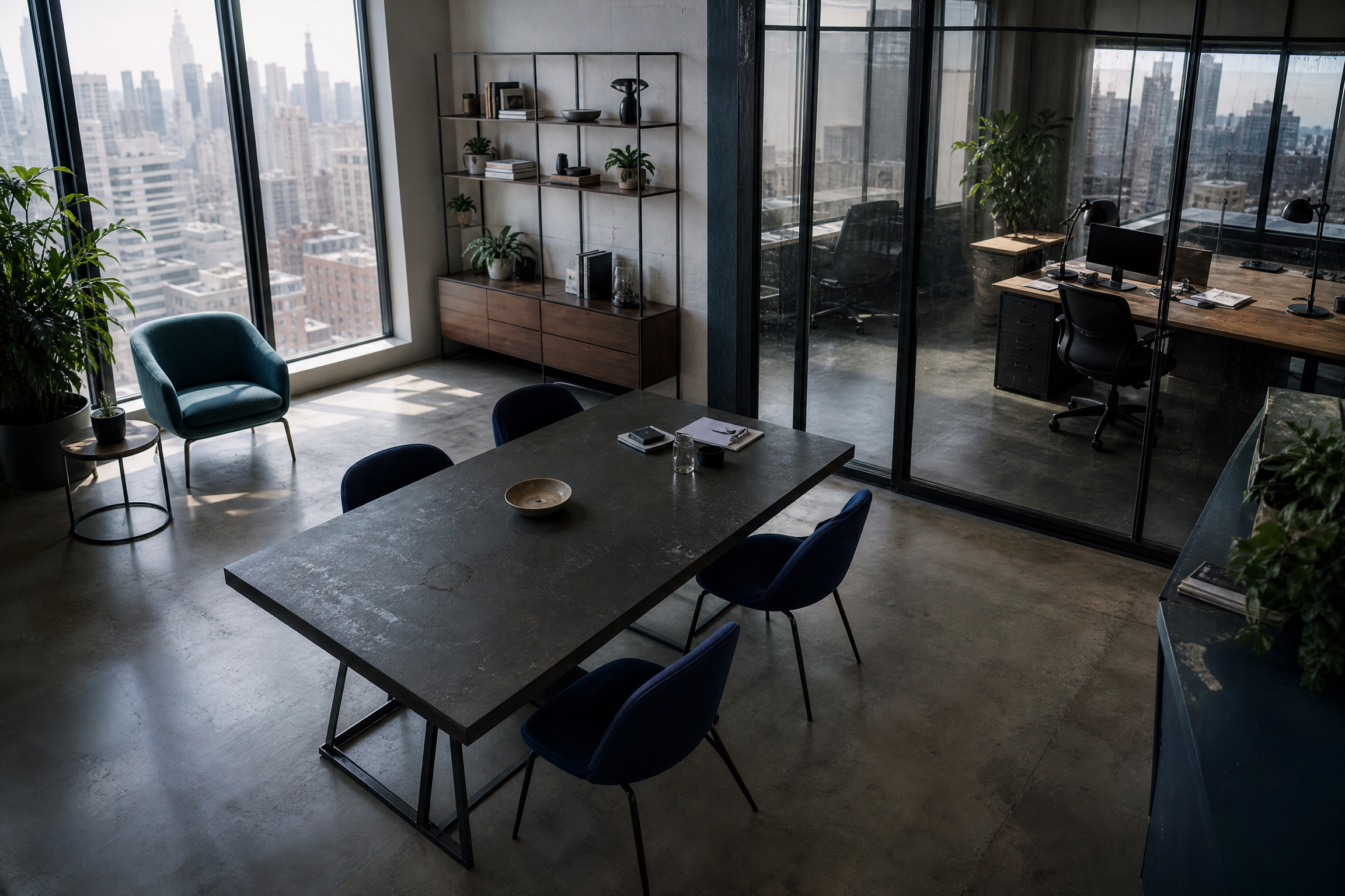 A modern New York City office with a city skyline view, showing subtle signs of disarray, suggesting the need for a deep cleaning.