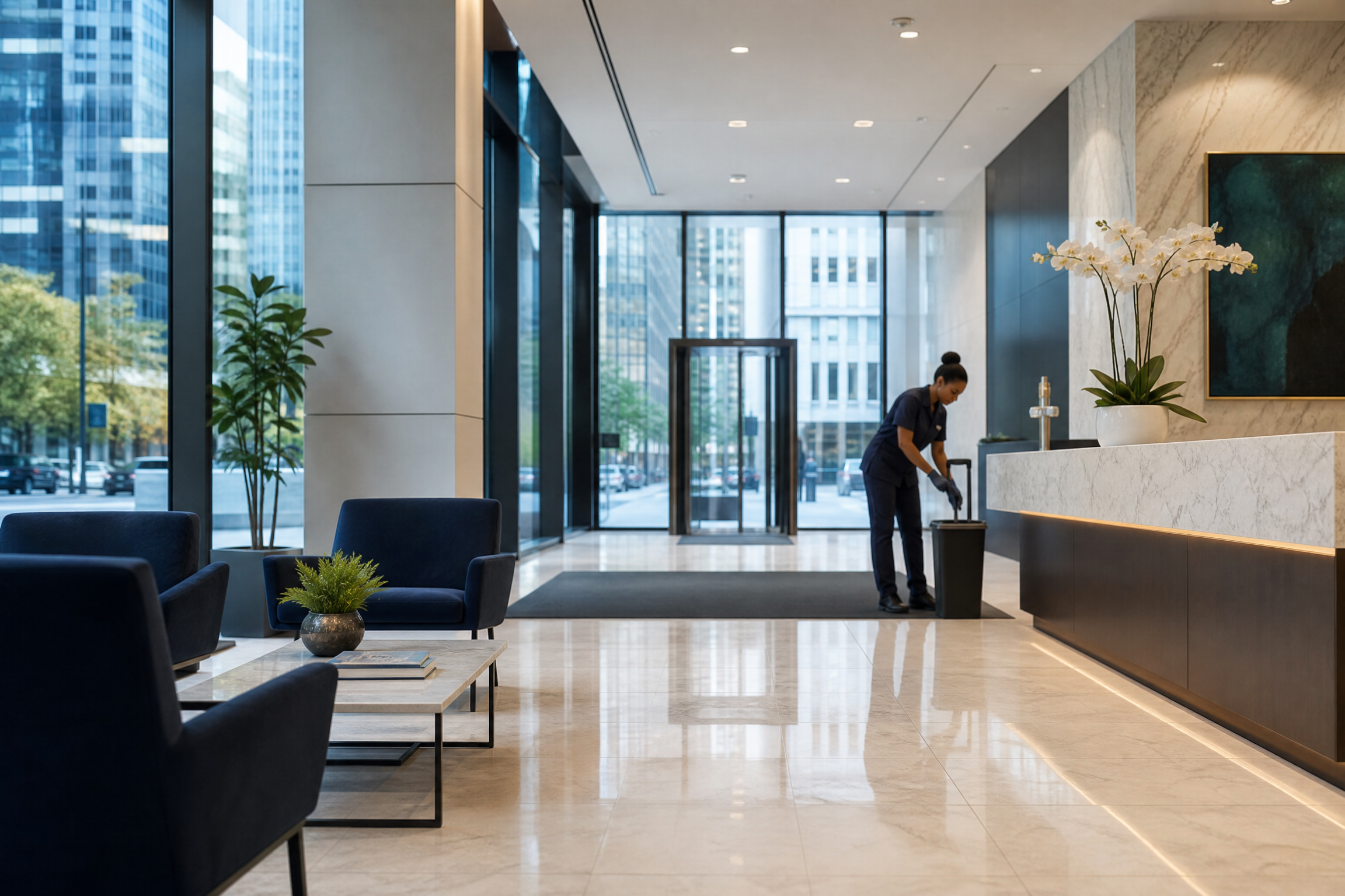 A cleaning professional tidies a modern commercial office lobby in New York City, featuring sleek design and natural light.