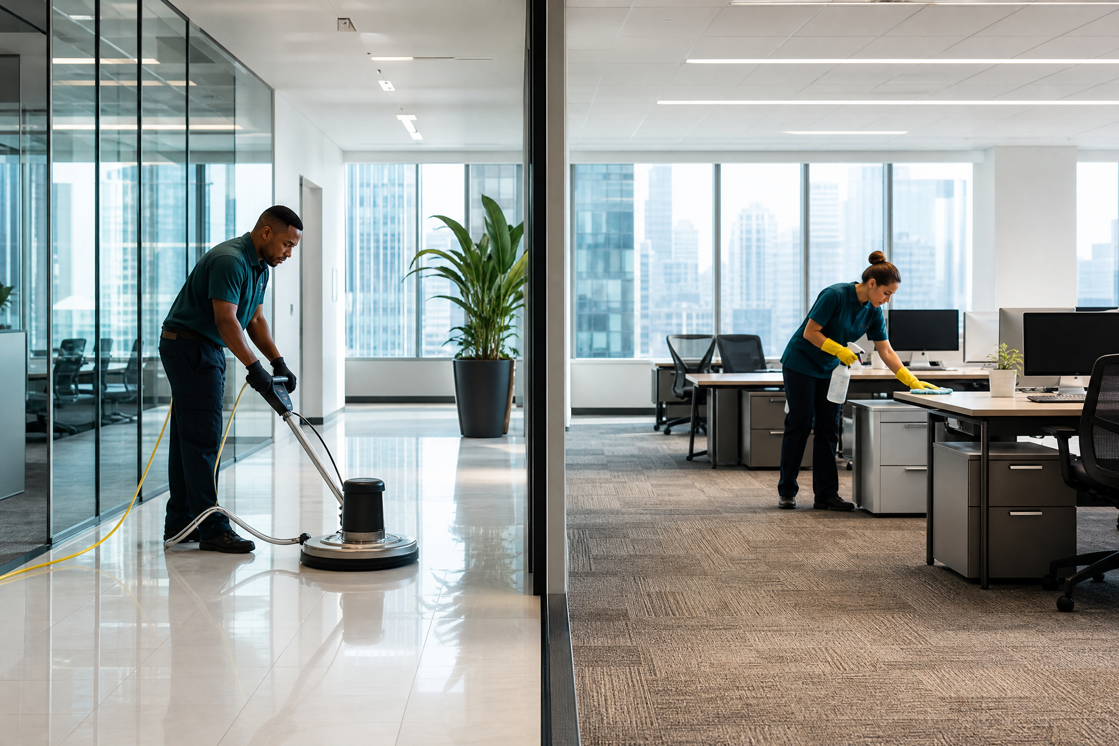 Two cleaners in a modern New York City office, one performing deep floor cleaning and the other regular desk cleaning, illustrating different cleaning approaches.