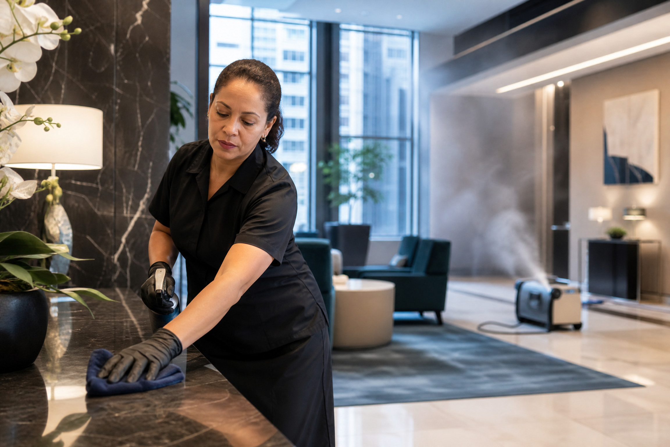 A professional cleaner disinfects a modern office lobby in New York City, highlighting the difference between cleaning and disinfecting.
