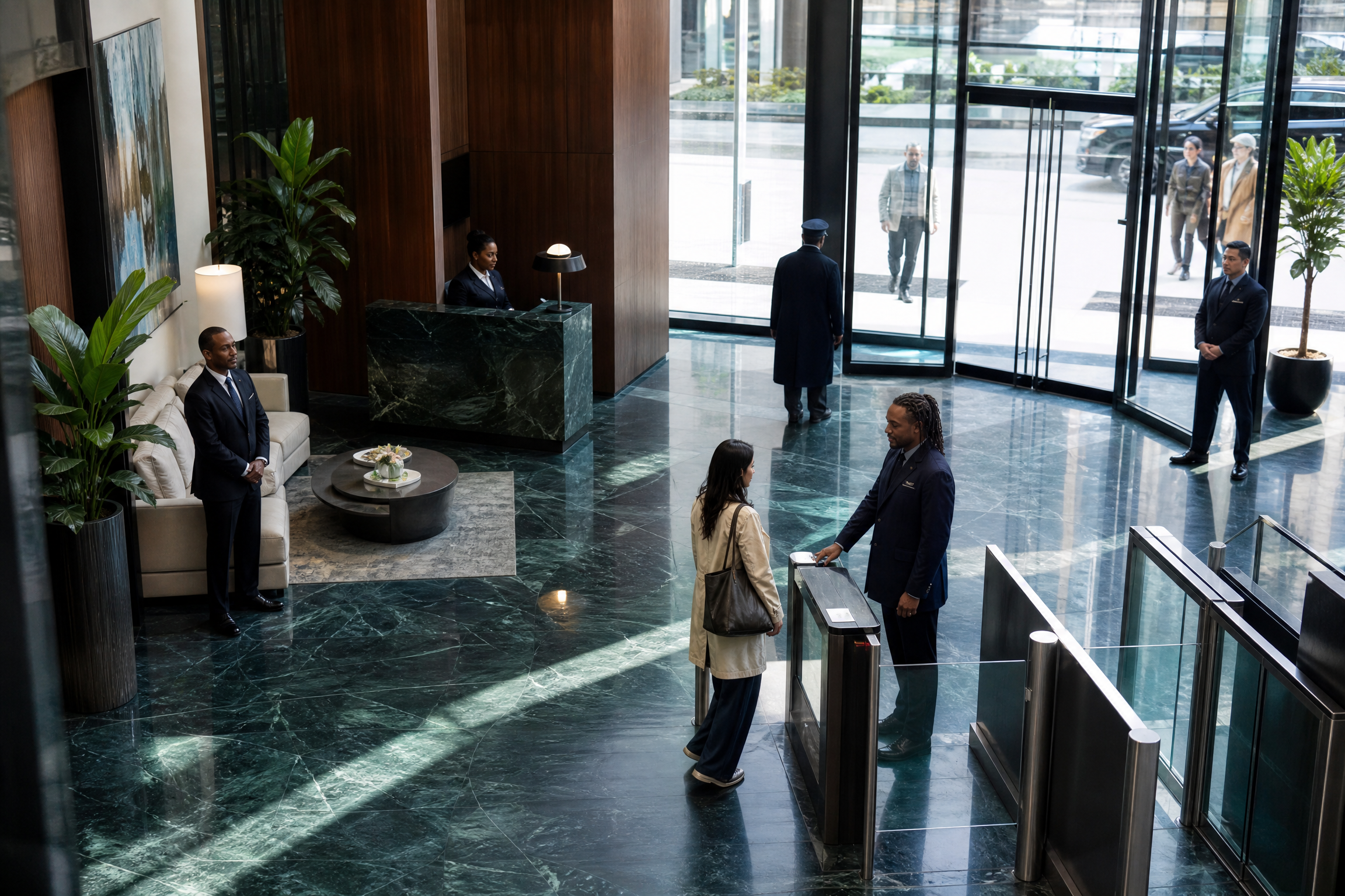 A diverse group of doormen and security personnel in a modern, high-rise residential building lobby in New York City, creating a welcoming and safe environment.