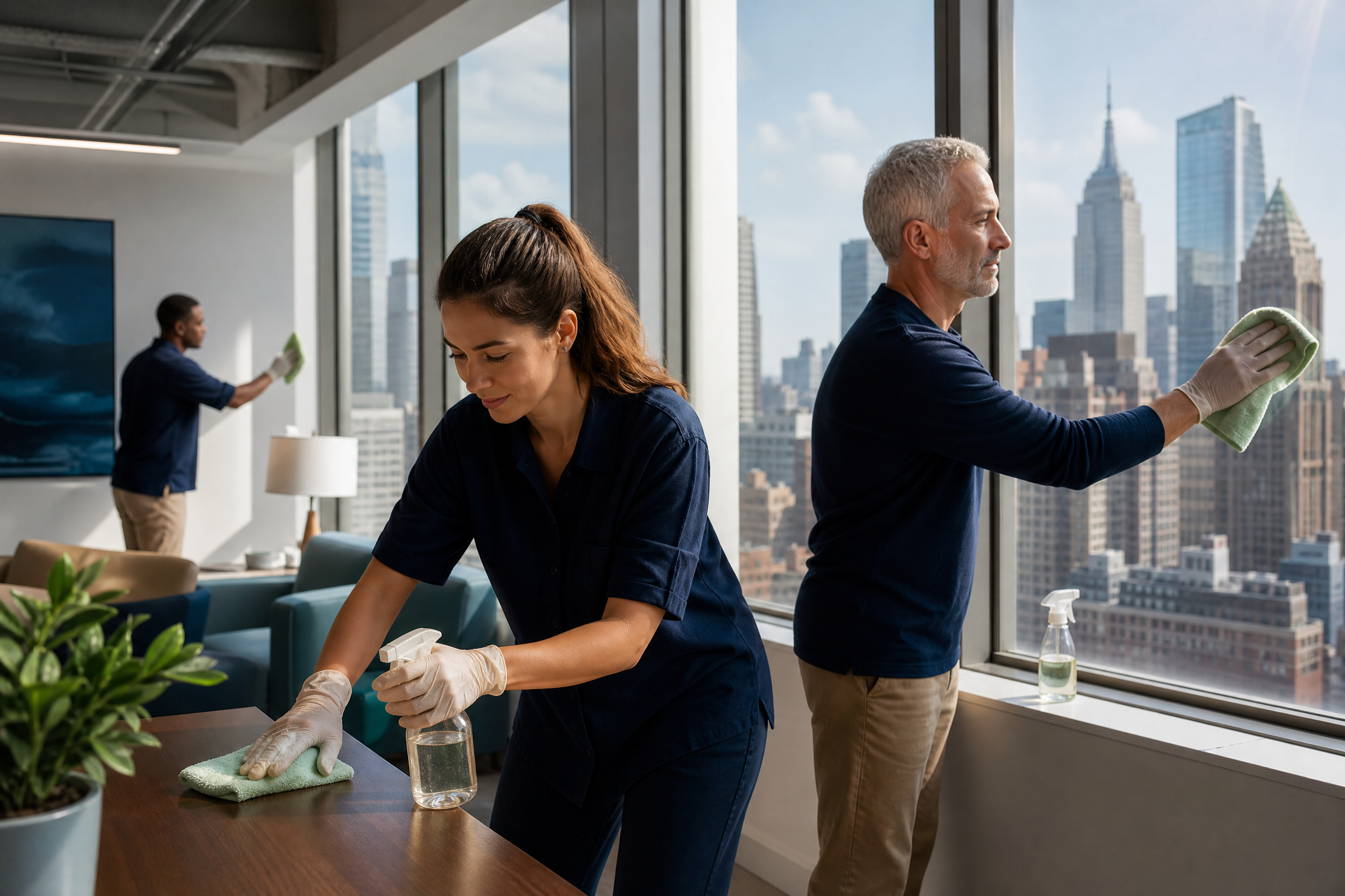 A diverse team cleans a modern New York City office with eco-friendly products, featuring large windows overlooking the city skyline.