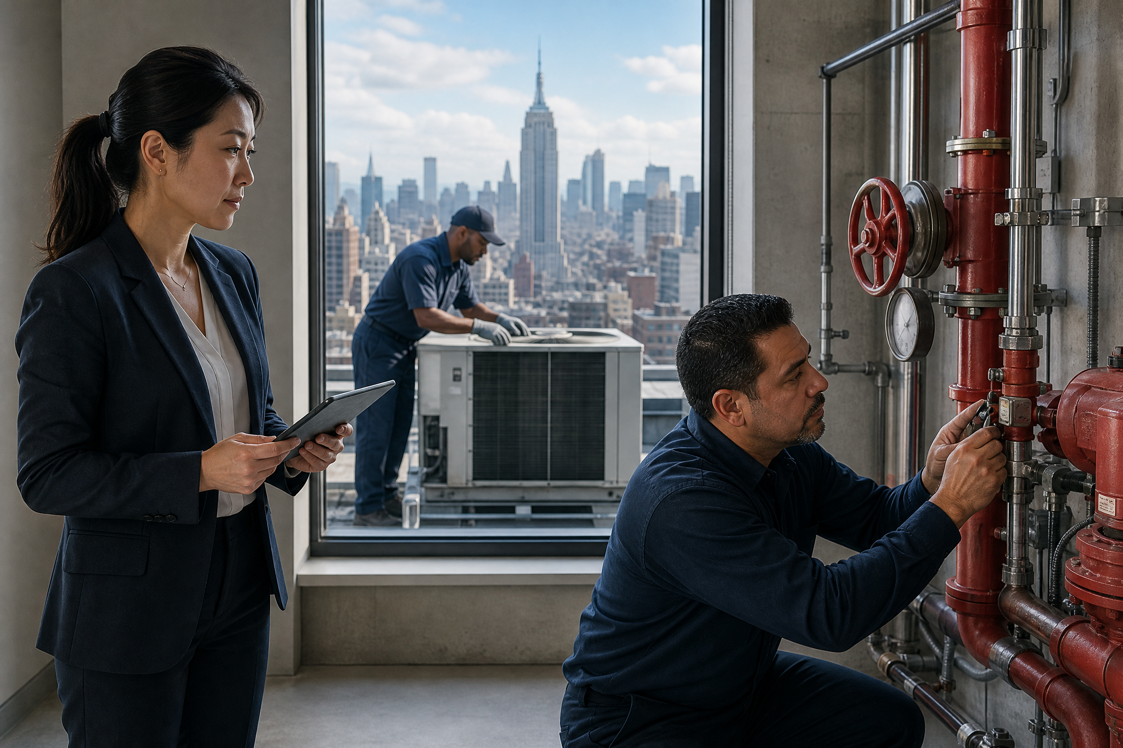 A female property manager observes a male maintenance worker inspecting a fire extinguisher in a modern NYC high-rise lobby.