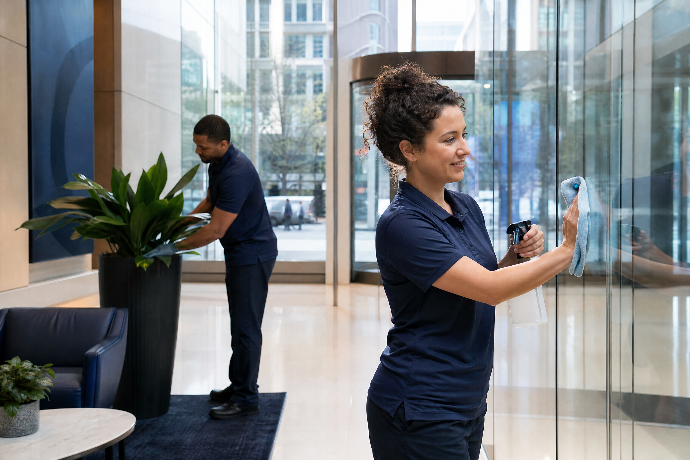 Two cleaning professionals, a woman and a man, cleaning a modern NYC commercial office building lobby with natural light and navy/teal accents.