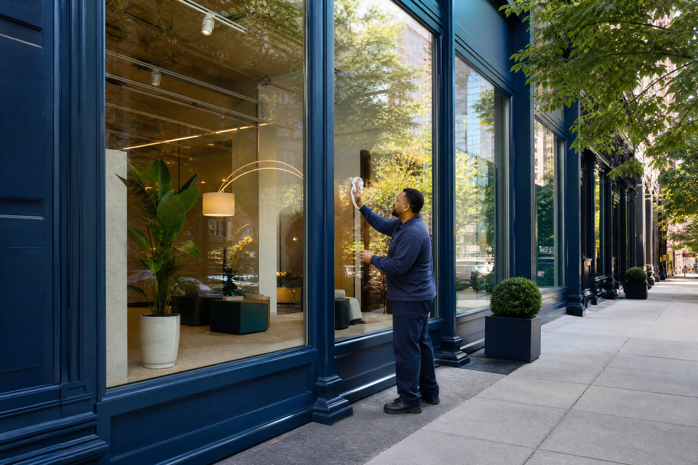 A person in a blue uniform cleaning the large glass windows of a modern storefront in New York City, reflecting natural light and green trees.