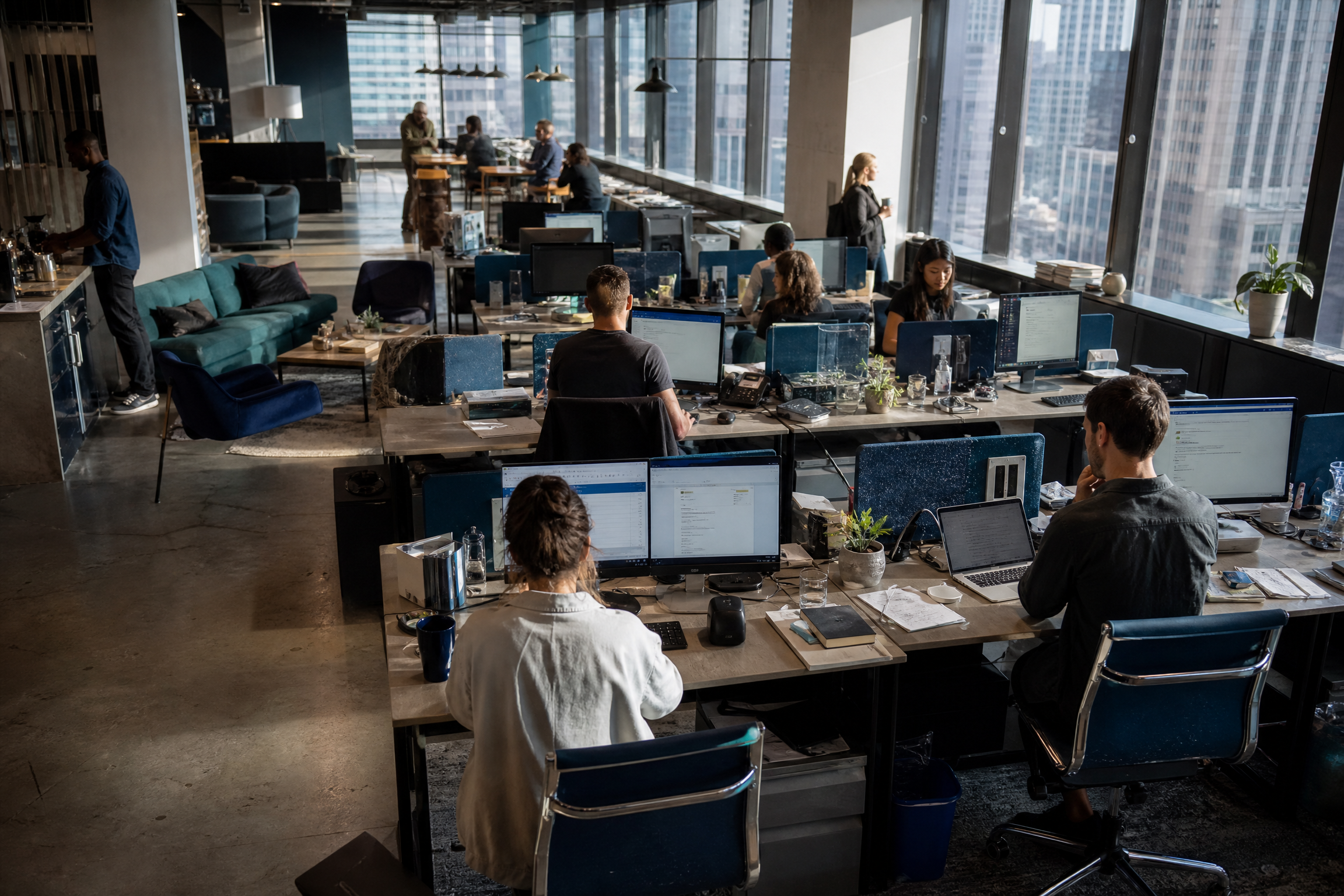 A photorealistic image of a modern, bustling open-plan office in New York City, showing subtle signs that it needs a deep cleaning, with diverse office workers and natural light.