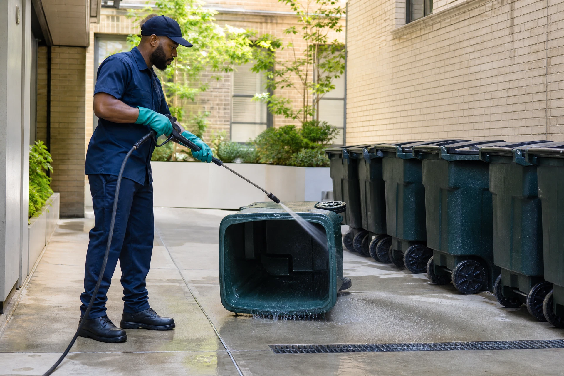 A building maintenance worker in an NYC alley meticulously cleans a large commercial garbage bin, emphasizing urban hygiene.