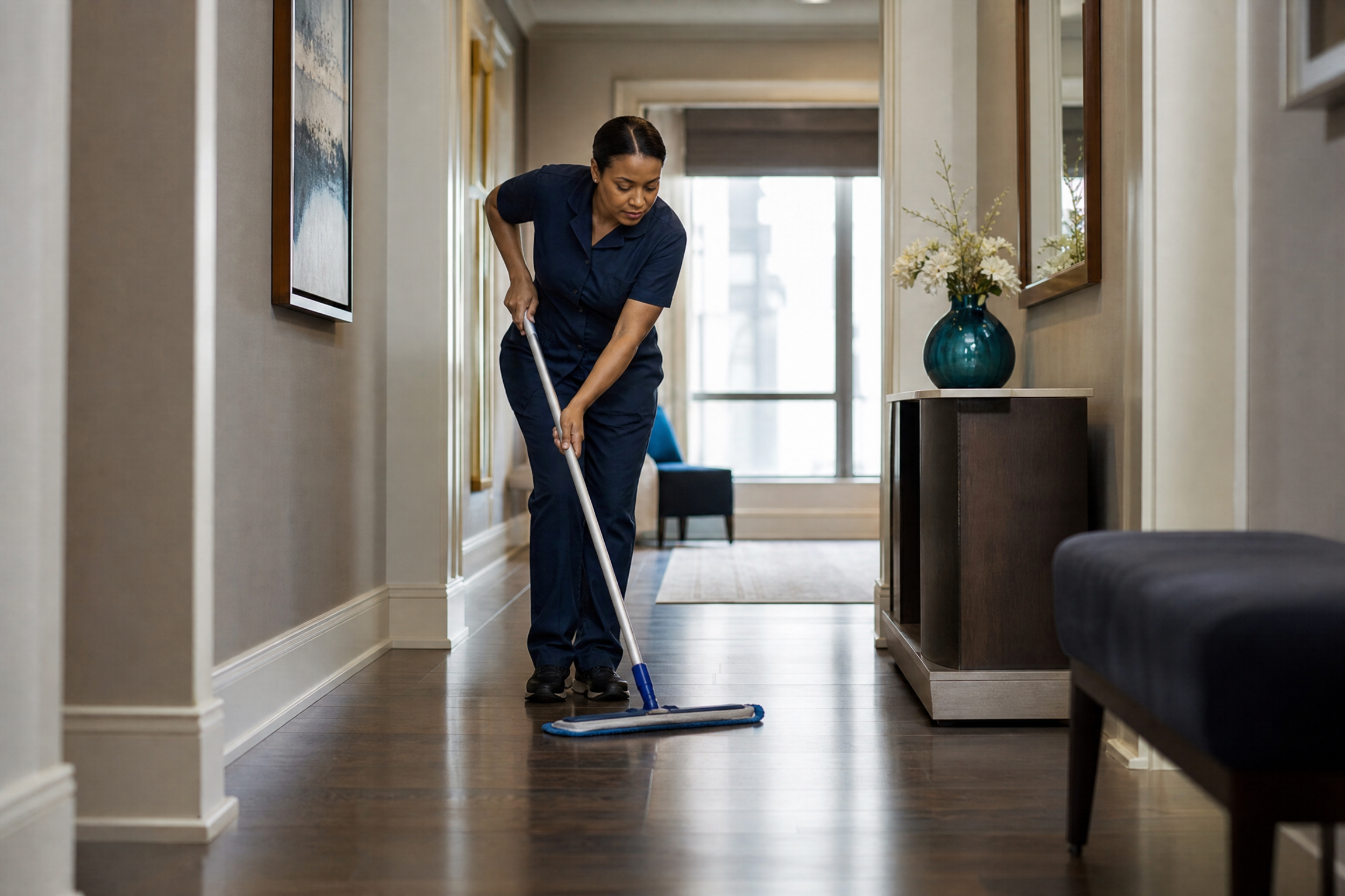 A cleaning professional mops a well-lit hallway in a modern New York City residential building, showcasing a clean and inviting common area.