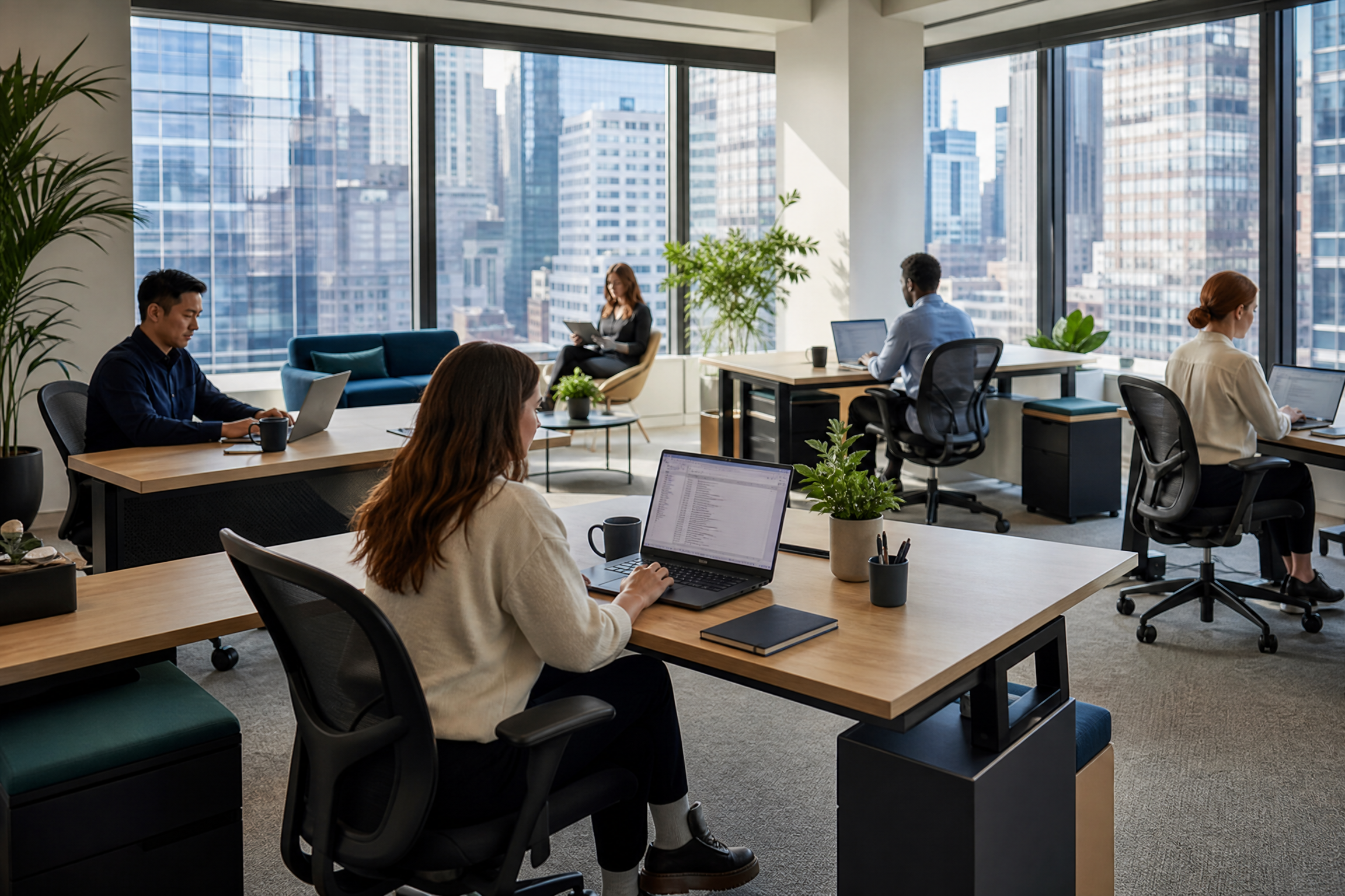 A clean, modern open-plan office in NYC with diverse employees working on laptops, featuring large windows with a city view and natural lighting.