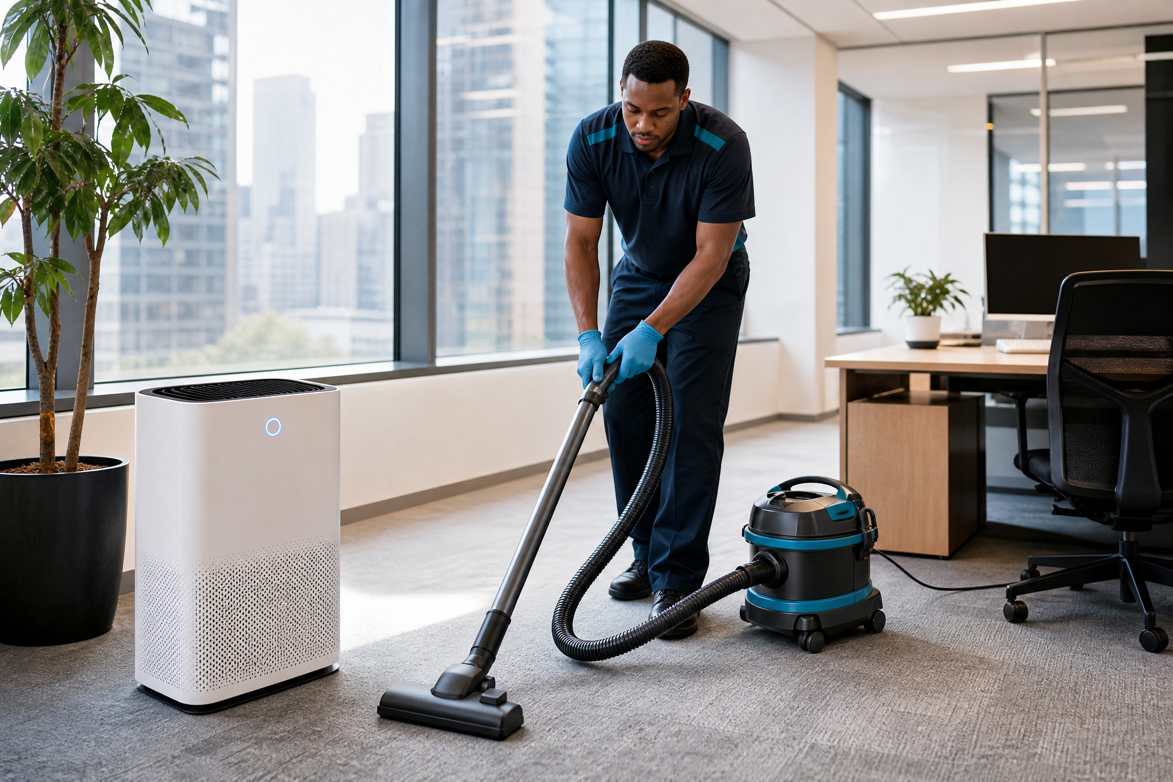 A commercial cleaning crew member vacuums a modern office in a New York City high-rise, with an air purifier running, symbolizing improved indoor air quality.