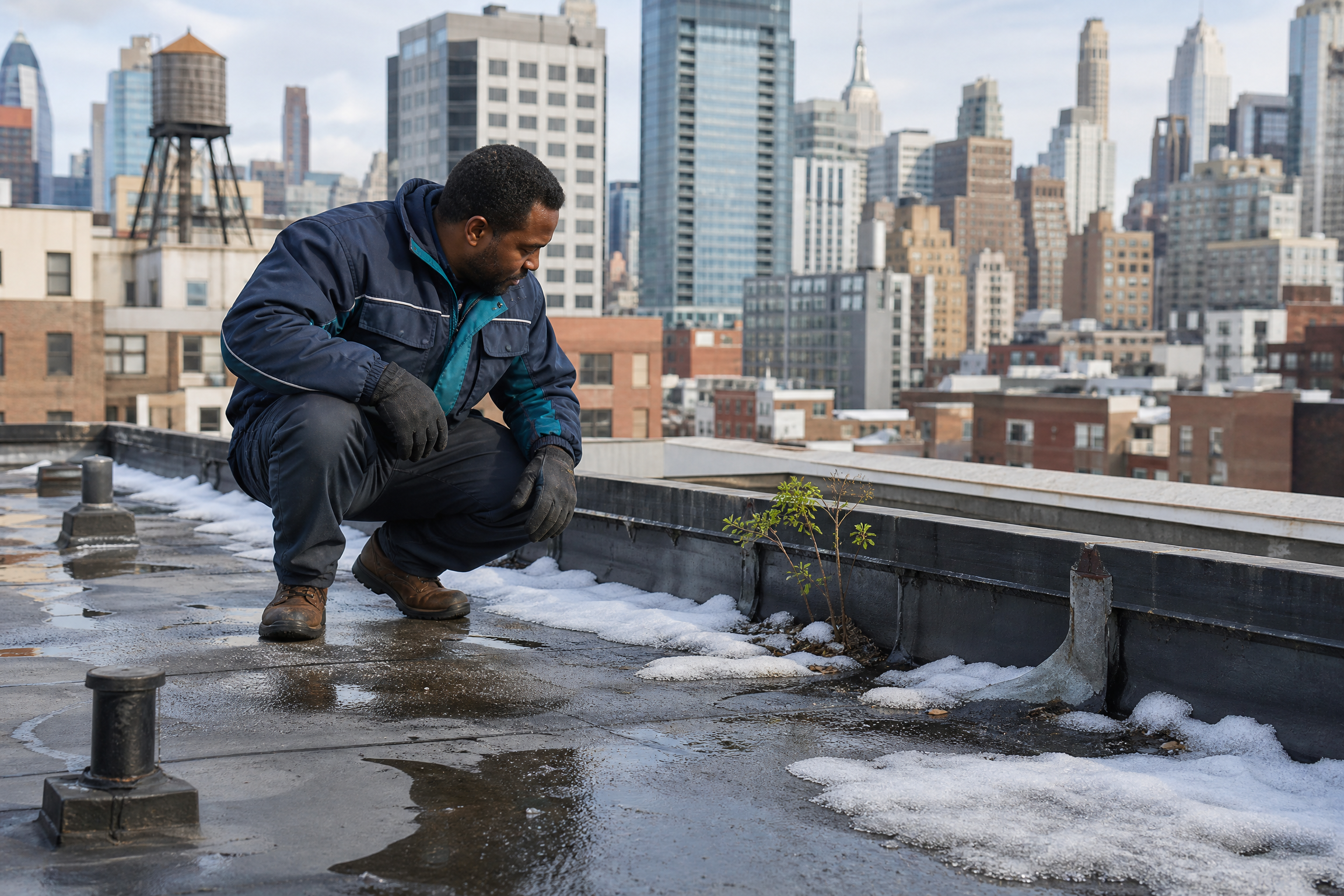A building maintenance worker inspects a rooftop in New York City with melting snow and a small plant, symbolizing changing seasons.