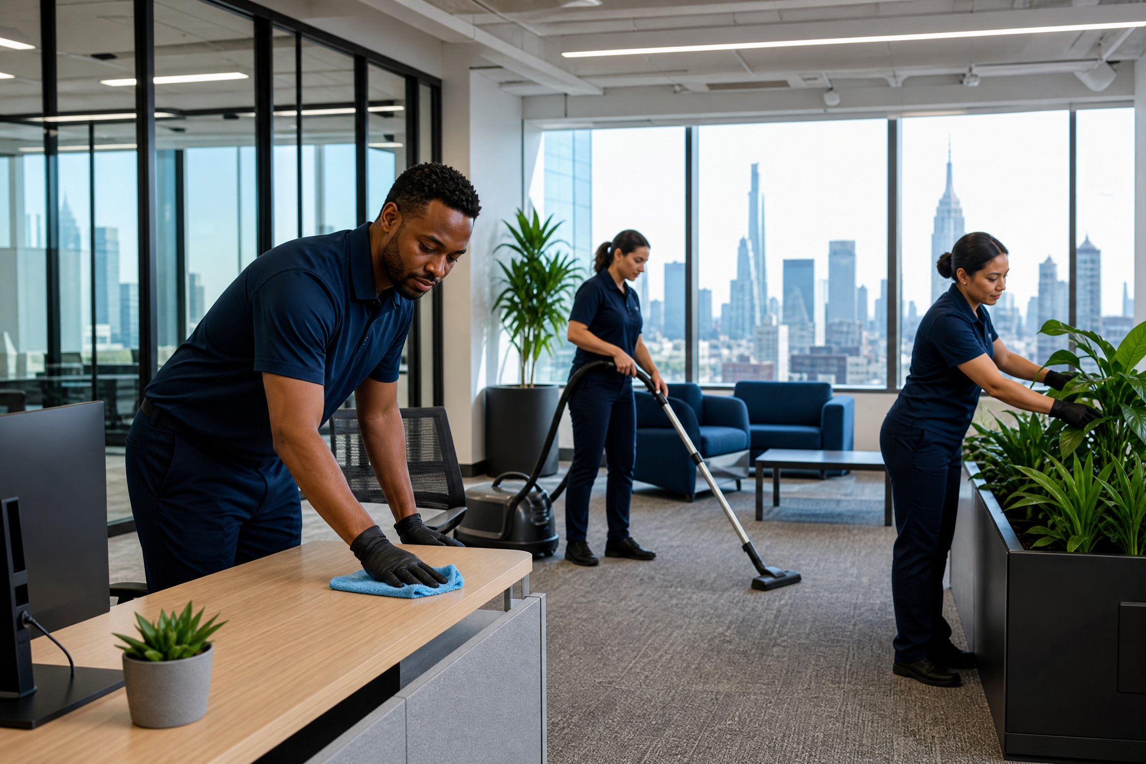 Professional janitorial staff cleaning a modern New York City office with a city skyline view, showcasing productivity and health.