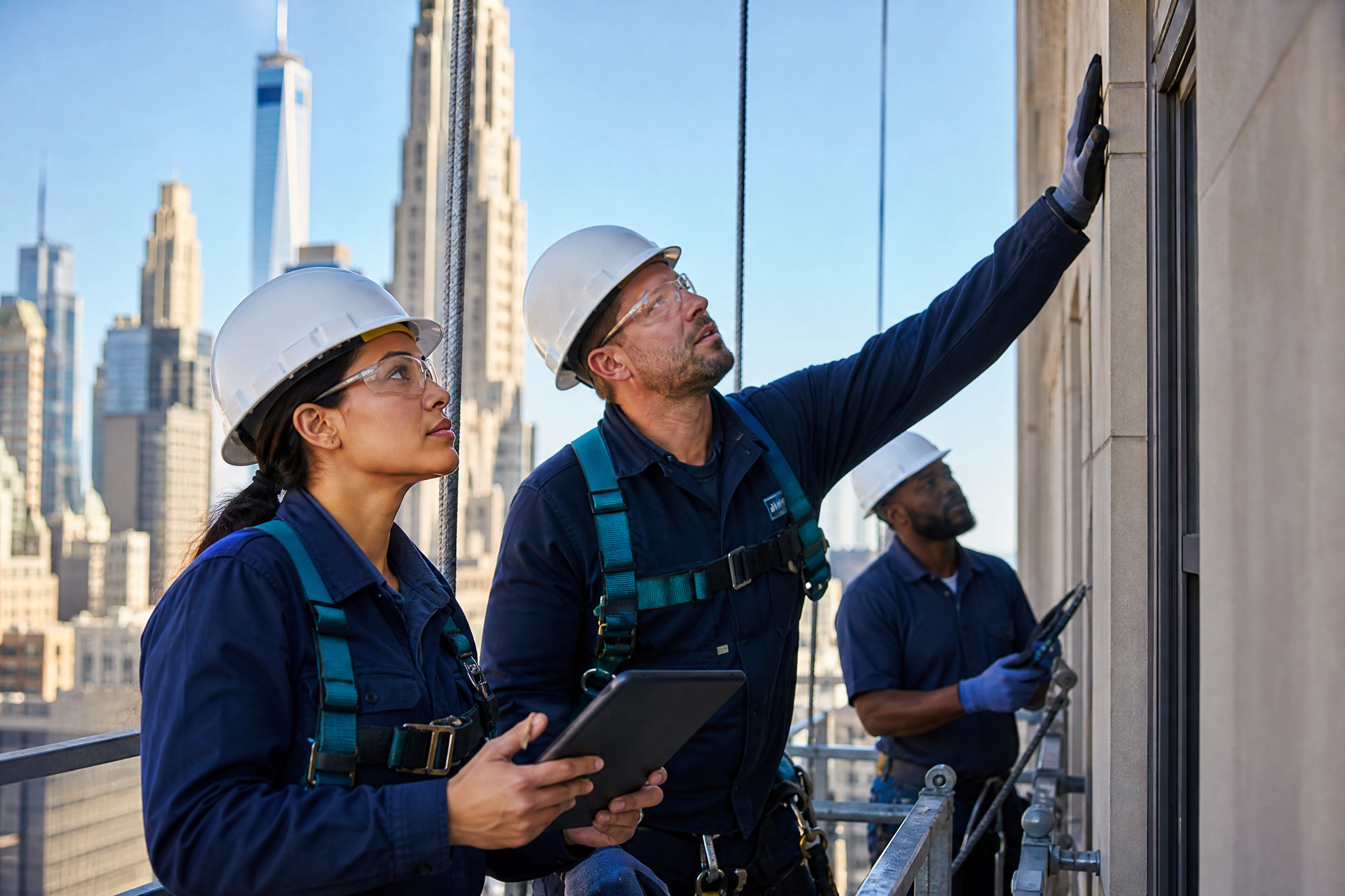 A diverse team of maintenance workers inspecting a high-rise building facade in New York City, ensuring compliance with building codes.