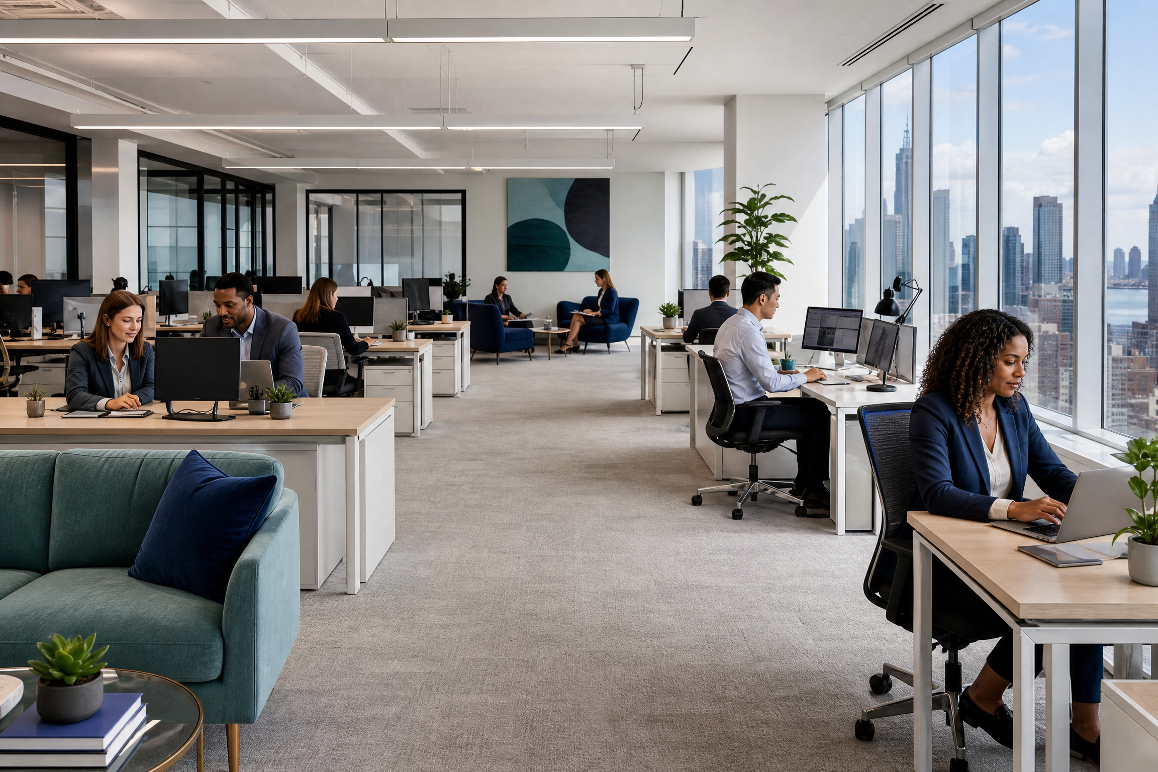 Professionals working in a clean, modern open-plan office with large windows overlooking the New York City skyline, conveying productivity.