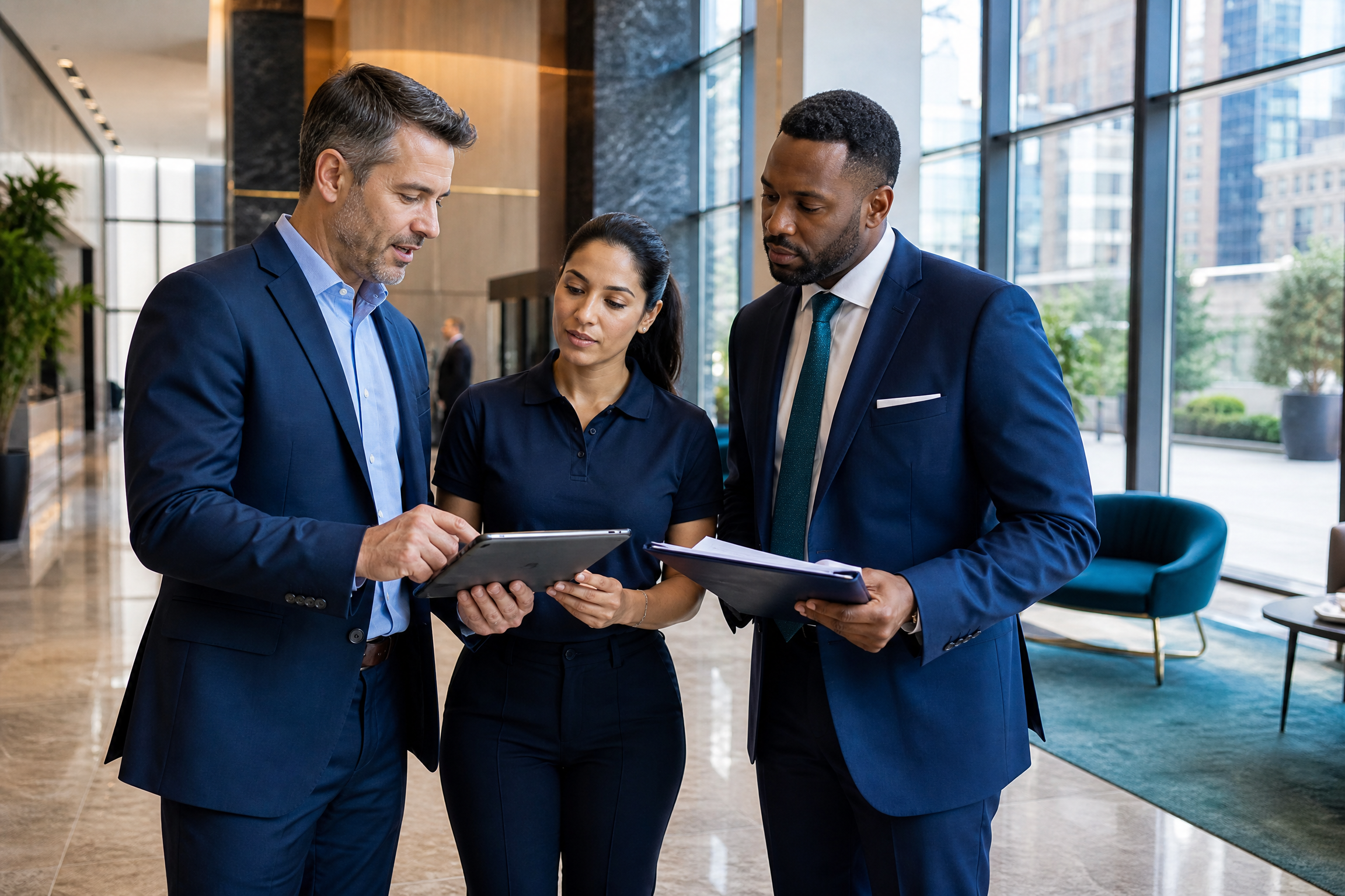 Three professionals, including a building manager, cleaning service representative, and financial advisor, discuss commercial cleaning and maintenance budgeting in a modern NYC office lobby.