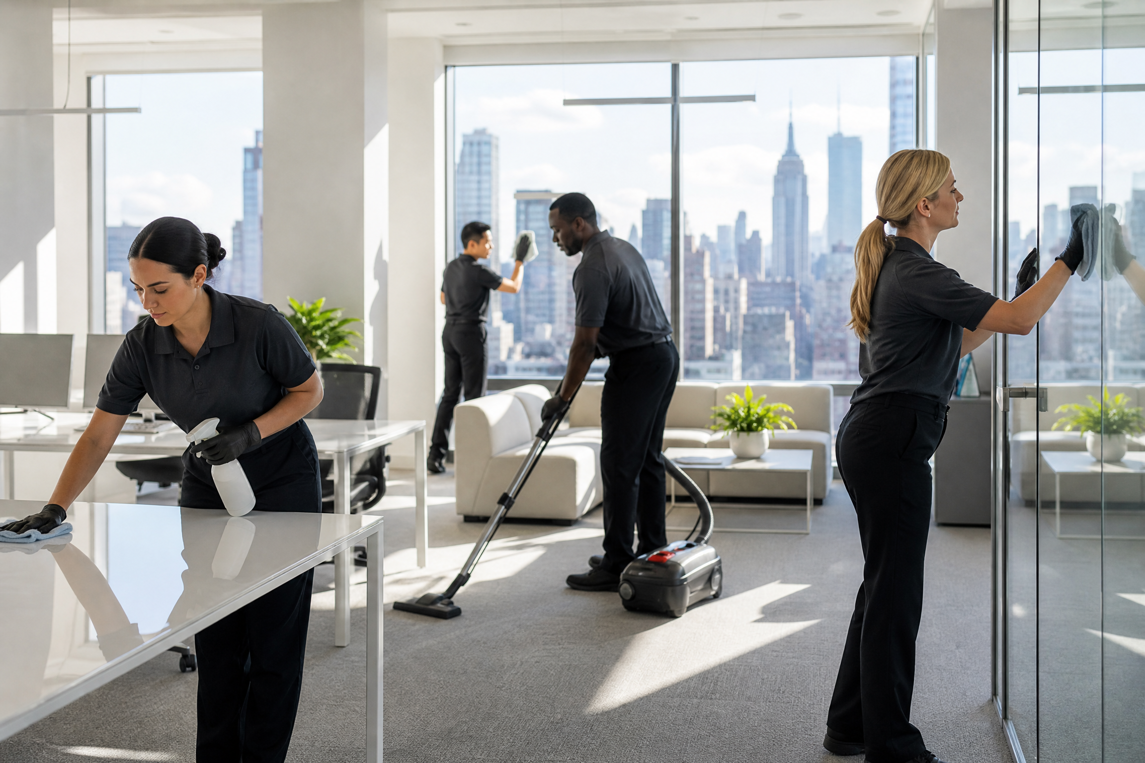 A diverse team of professional cleaners tidies a modern office with large windows overlooking the New York City skyline.