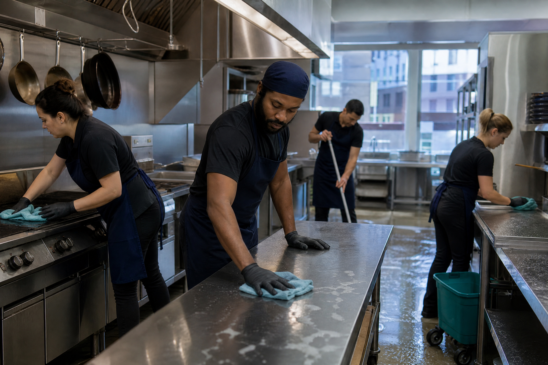 A diverse cleaning crew meticulously cleans a modern New York City restaurant kitchen with natural lighting and navy/teal accents.