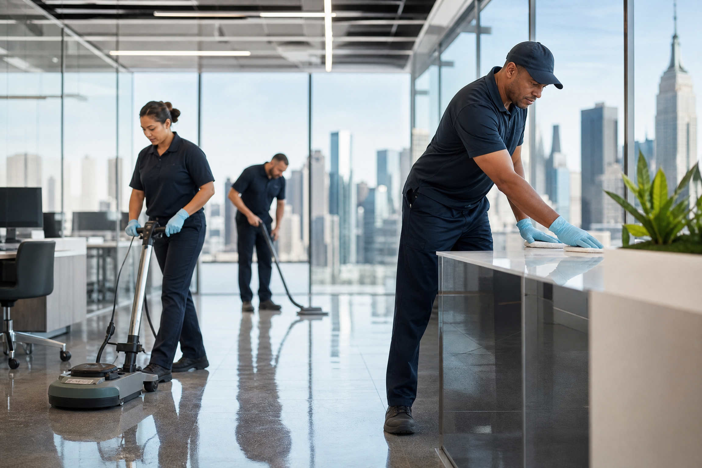 A diverse team of maintenance workers cleaning a modern high-rise office in New York City, with the skyline visible through large windows.