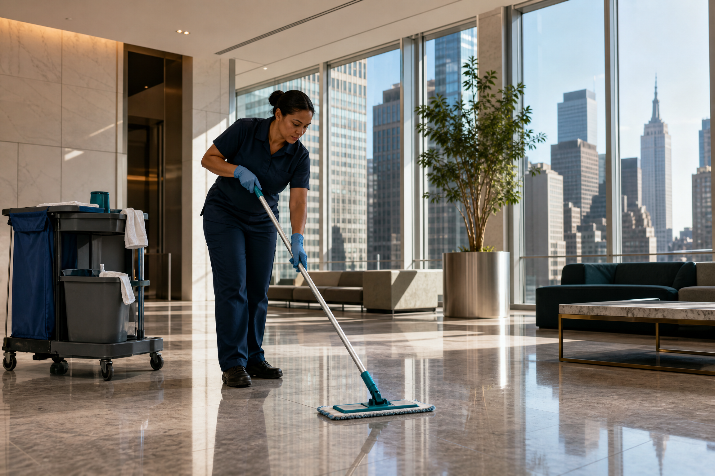 A professional cleaning crew member, a woman in her 30s of diverse ethnicity, is meticulously cleaning a high-traffic area in a modern, upscale New York City office lobby.