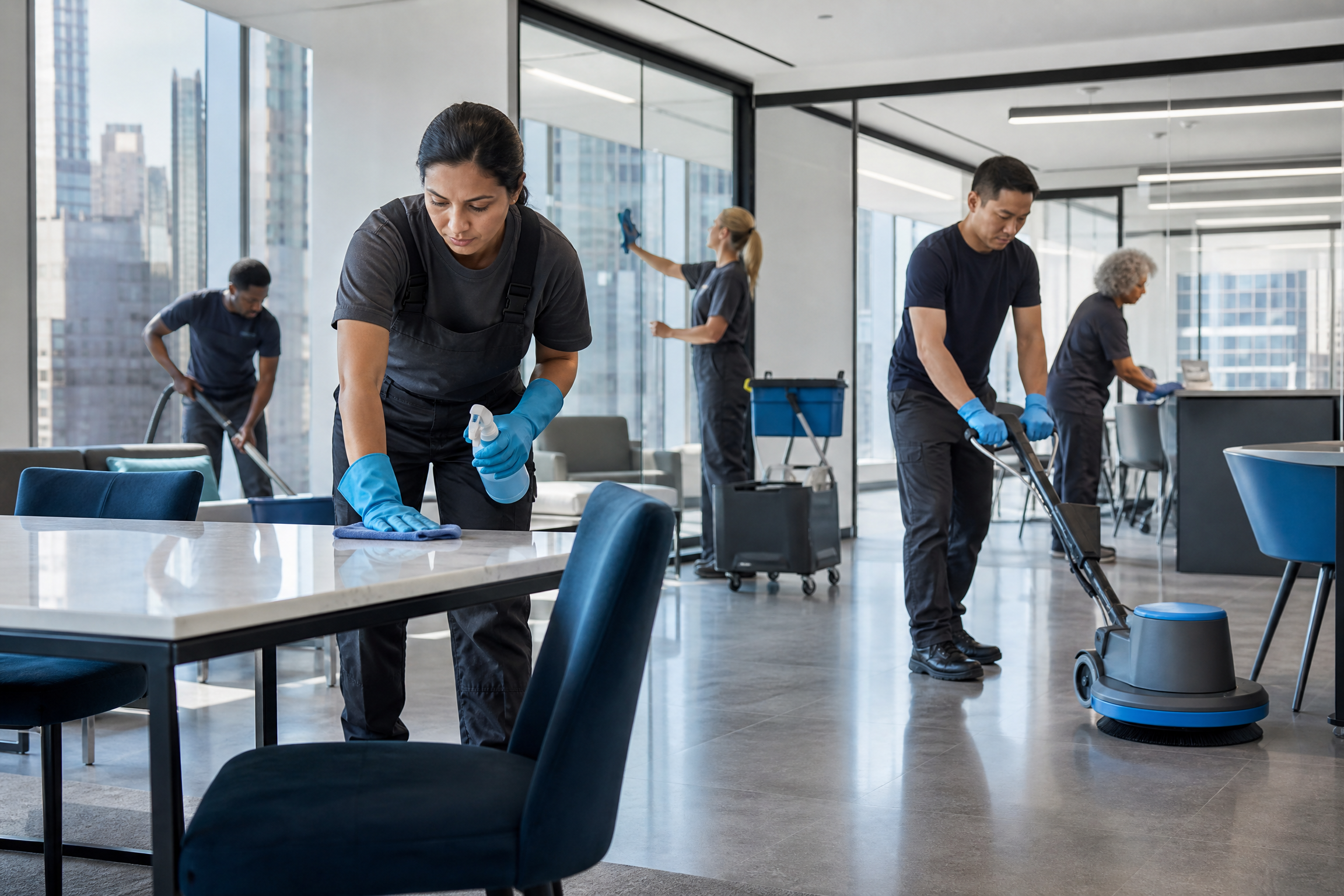 A diverse cleaning crew meticulously cleans a modern, newly renovated commercial office space in a New York City high-rise, illuminated by natural light.