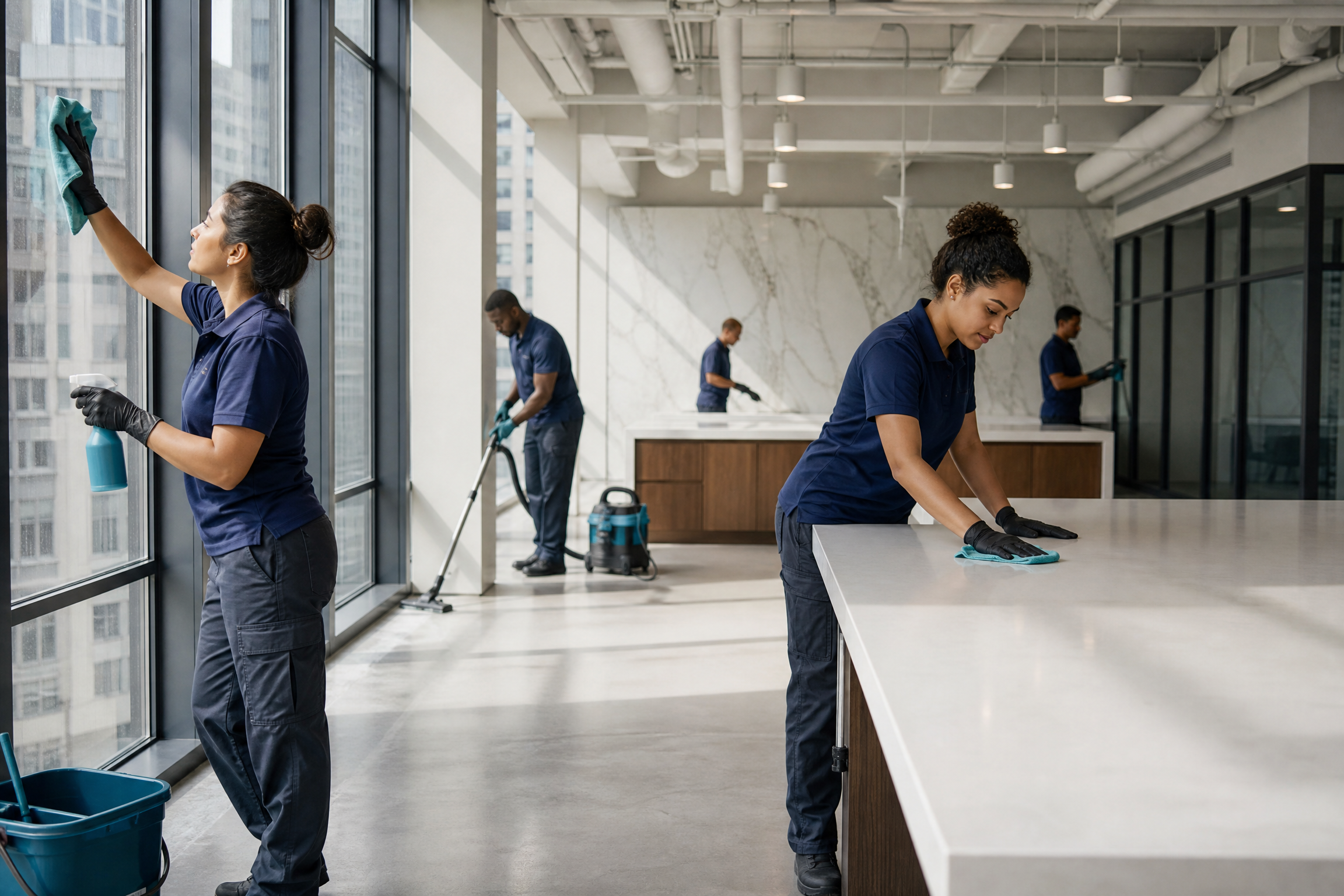 A diverse cleaning crew meticulously cleans a modern commercial office space in New York City after construction, with sunlight streaming through large windows.
