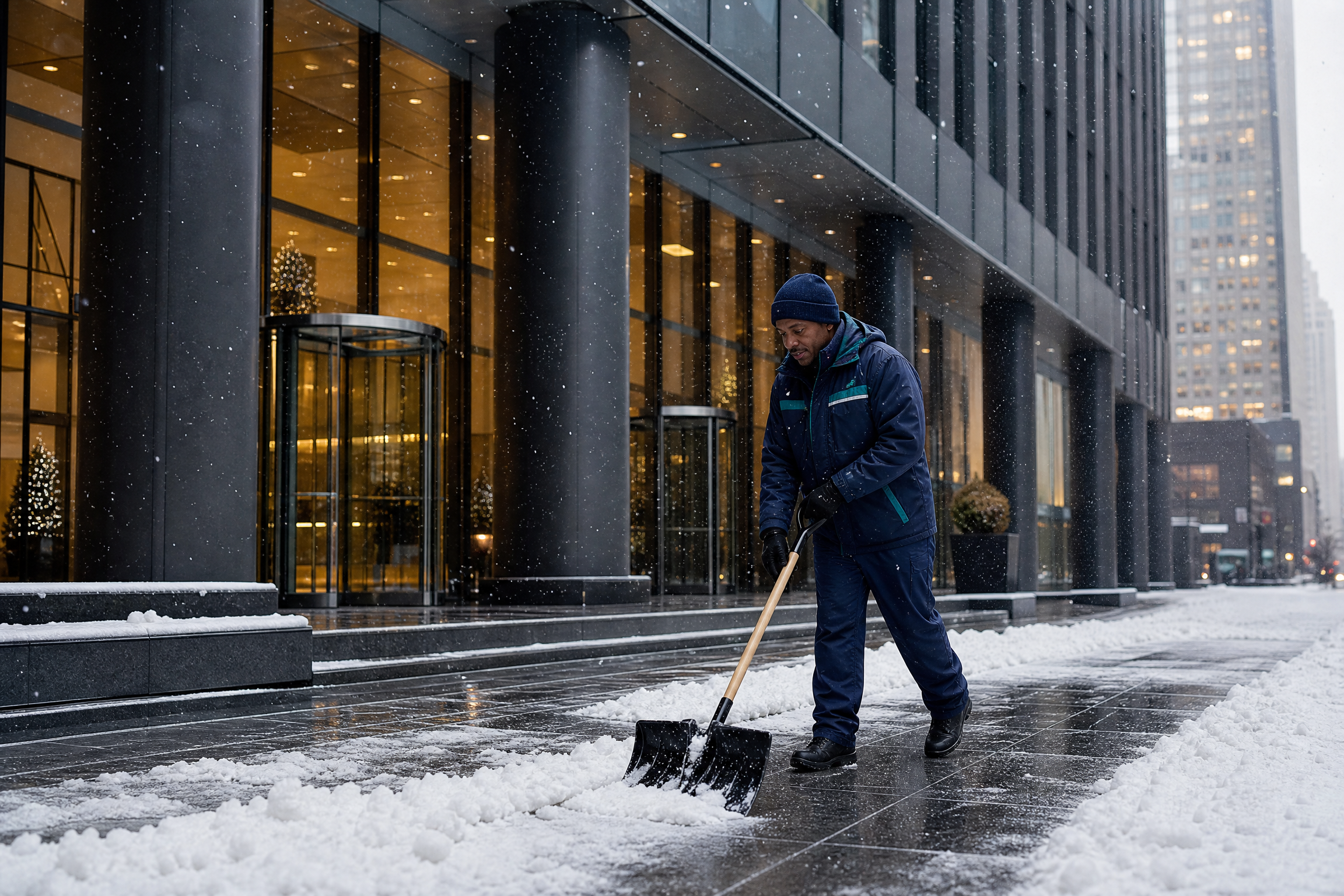 A building maintenance worker shoveling snow in front of a modern New York City office building during winter.
