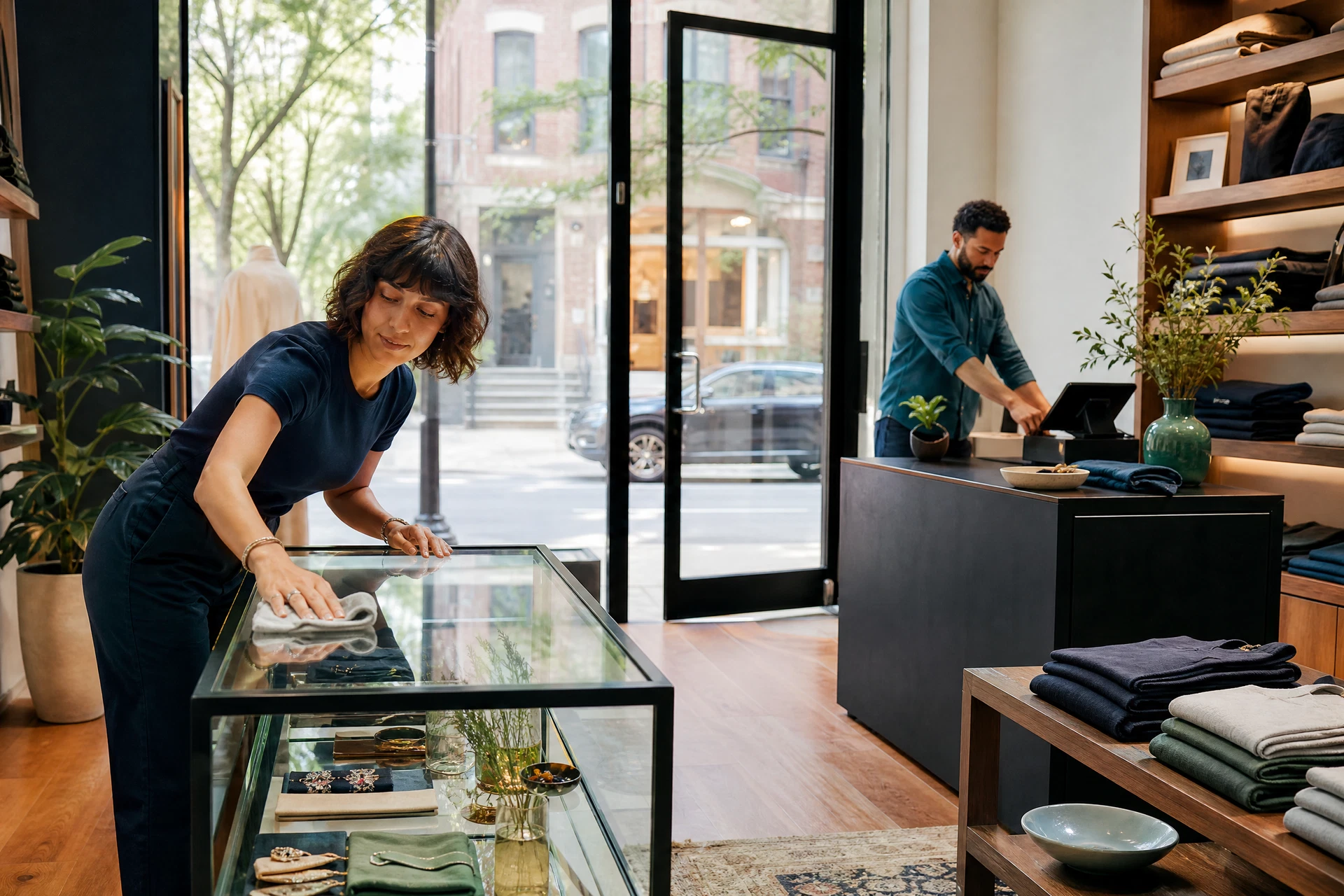 A customer browses in a clean, modern retail store with polished floors, organized displays, and natural lighting, featuring subtle navy and teal accents.