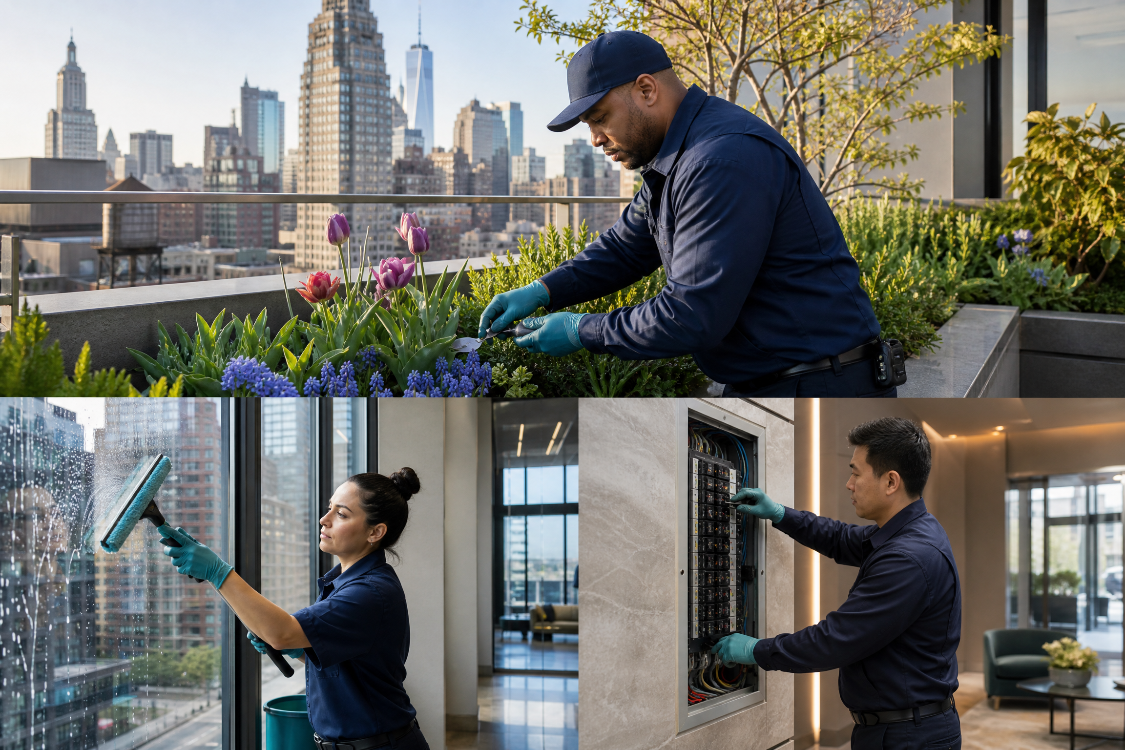 Diverse maintenance team performing spring building tasks on a New York City high-rise, including rooftop gardening, window cleaning, and utility inspection.