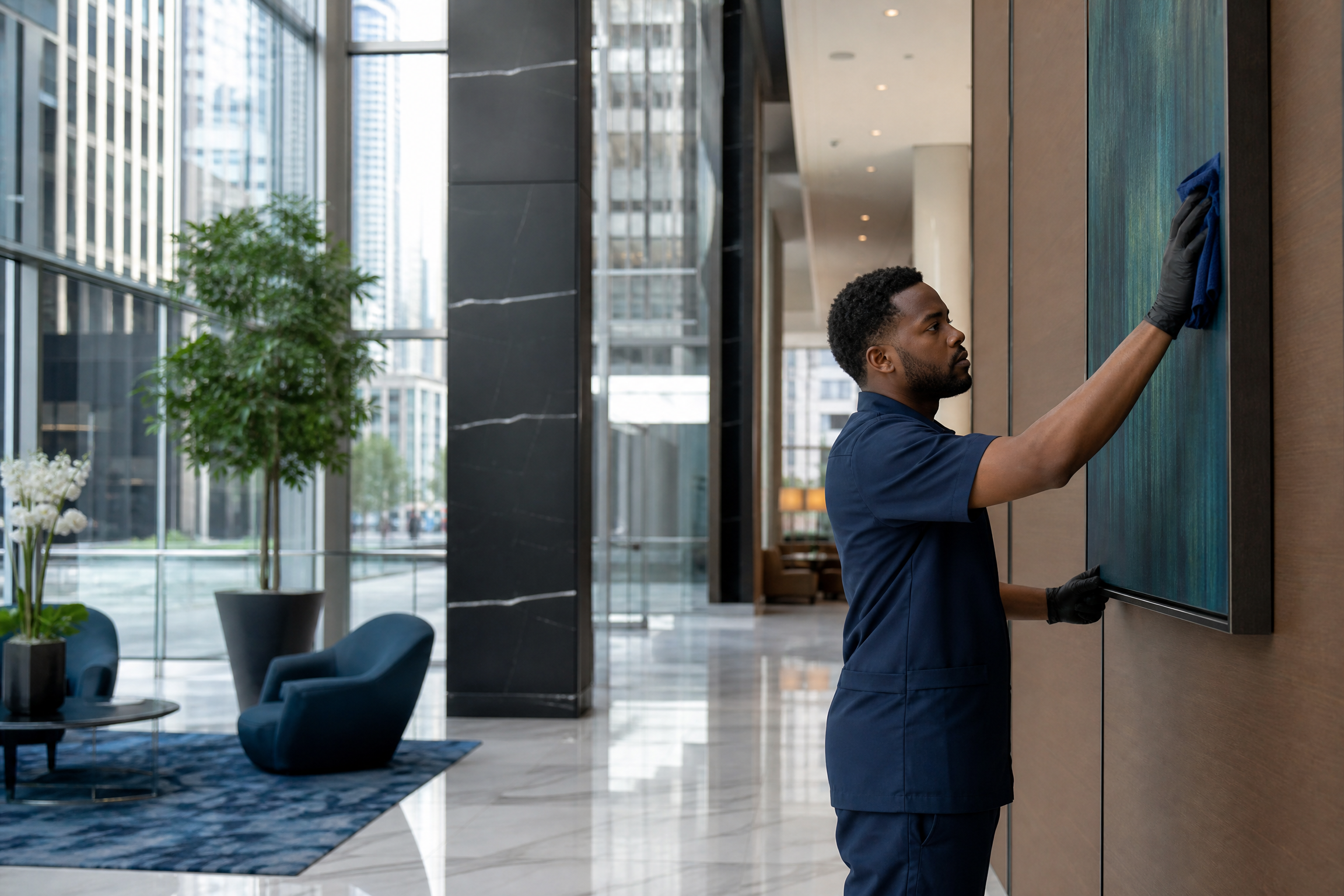 A professional day porter in a modern New York City high-rise lobby cleans a wall-mounted art piece, reflecting the benefits of day porter services.