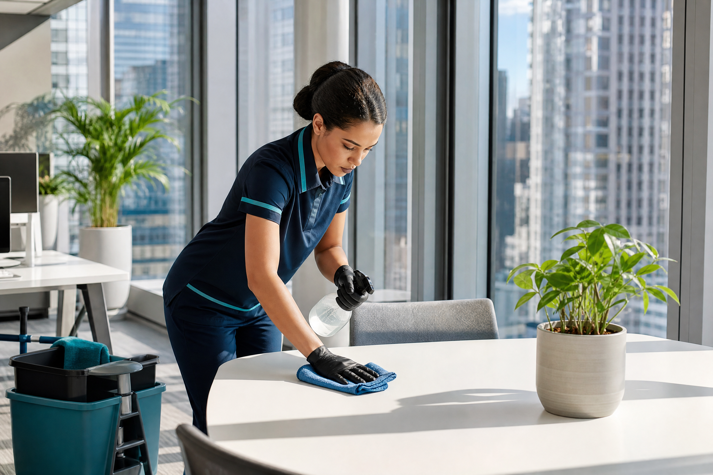 A cleaning professional in a modern office, using eco-friendly products to clean a desk, with a New York City skyline in the background.