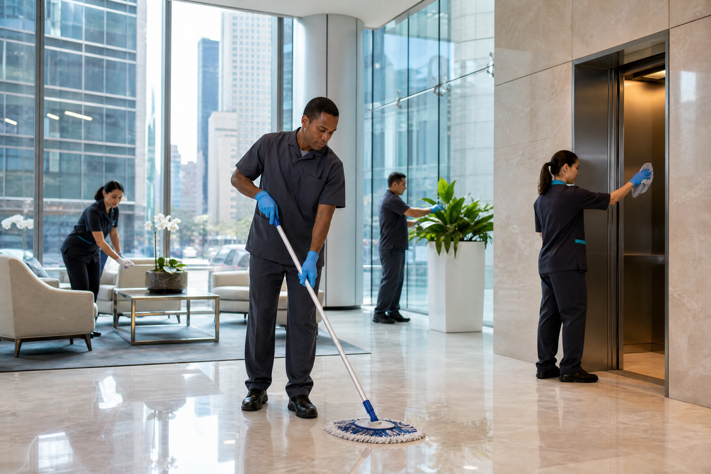 A diverse team of janitorial staff cleaning a modern office lobby in a New York City high-rise building, showcasing professional outsourced services.