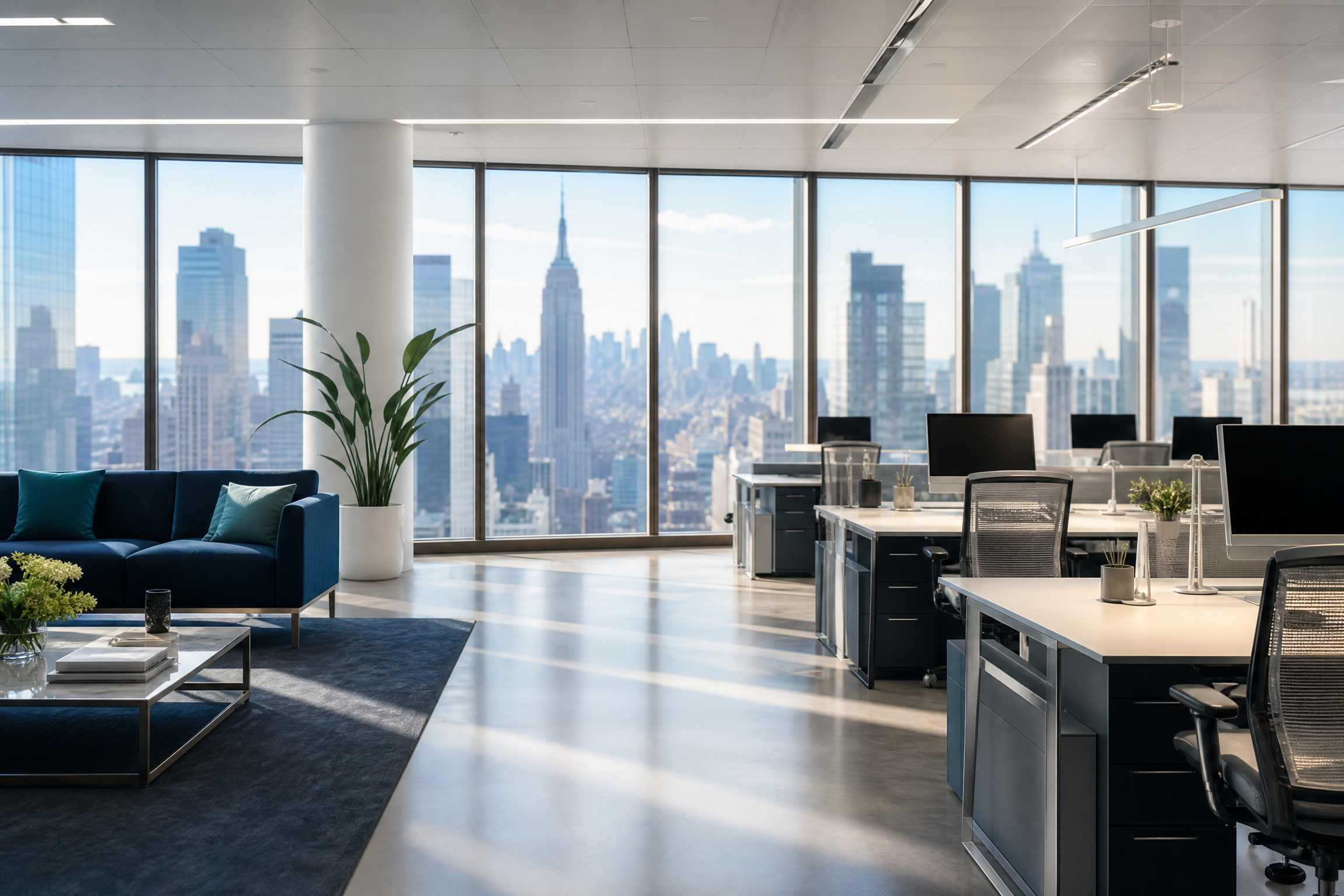 A clean, modern New York City office with a panoramic view of the skyline, emphasizing a pristine and efficient work environment.