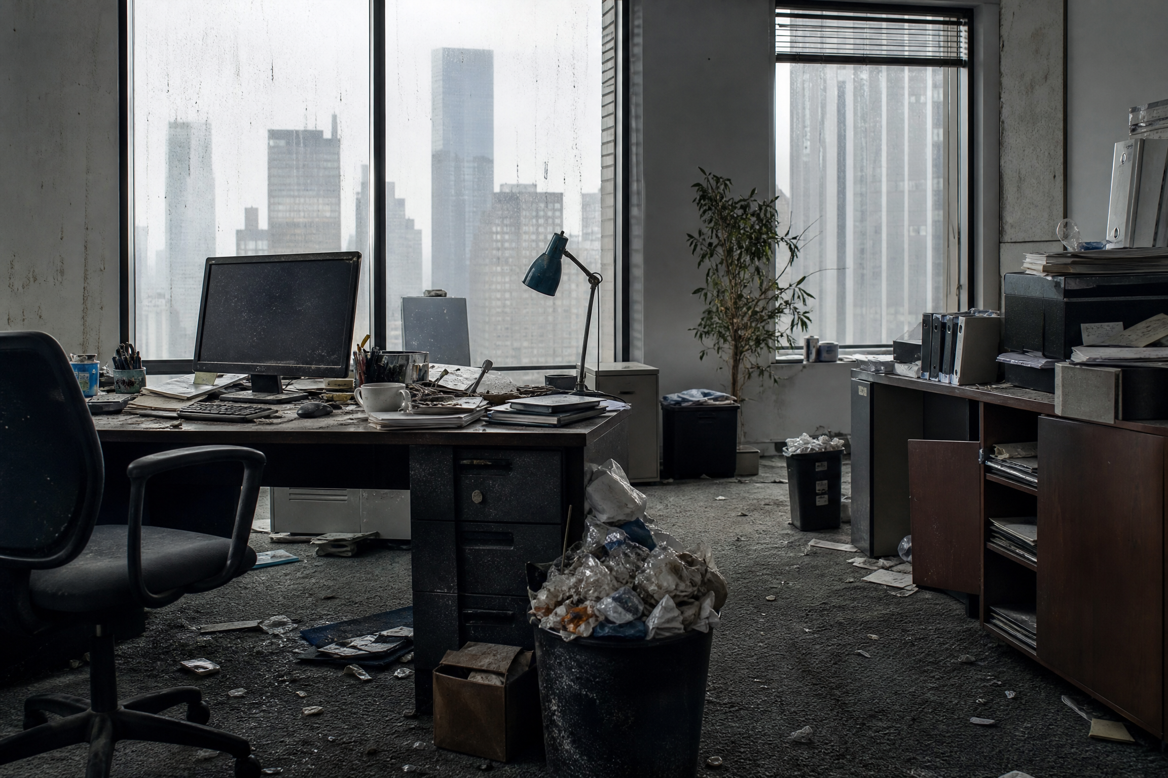 A dimly lit, cluttered office space in a New York high-rise, showing dust on surfaces, overflowing trash cans, and unkempt desks, evoking potential health hazards.