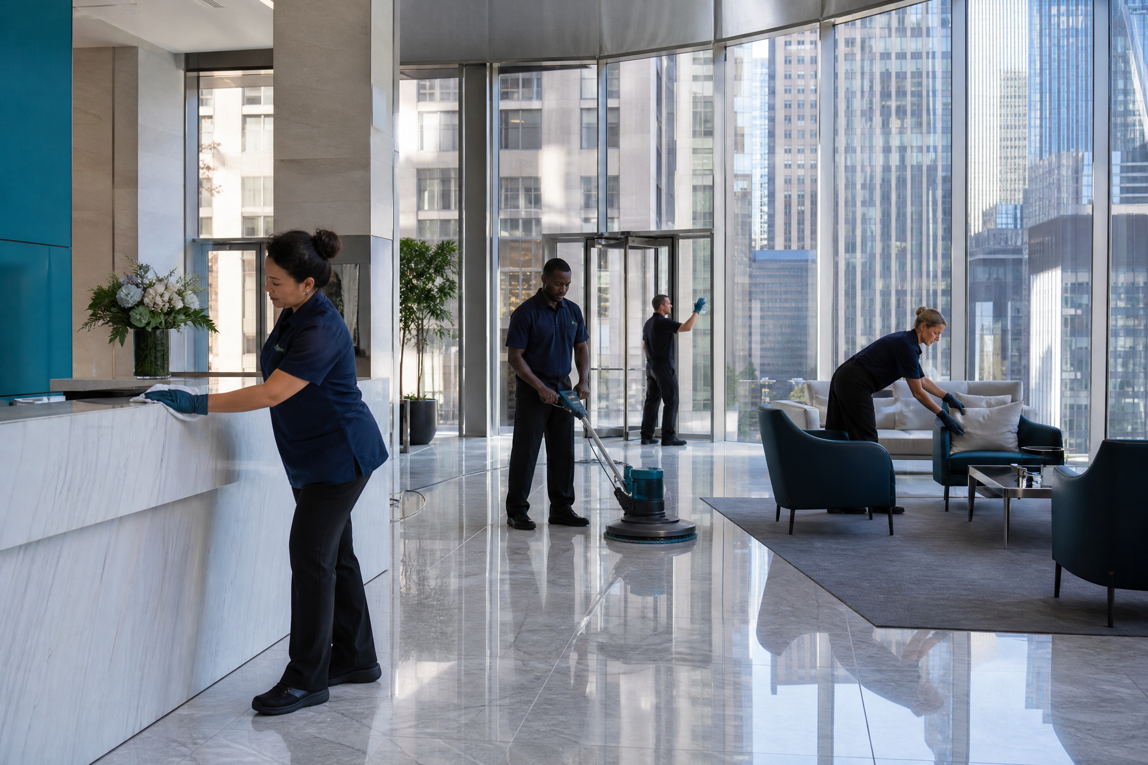A diverse cleaning crew meticulously cleans a modern, high-rise office lobby in New York City, showcasing professionalism and attention to detail with natural lighting and subtle navy and teal accents.