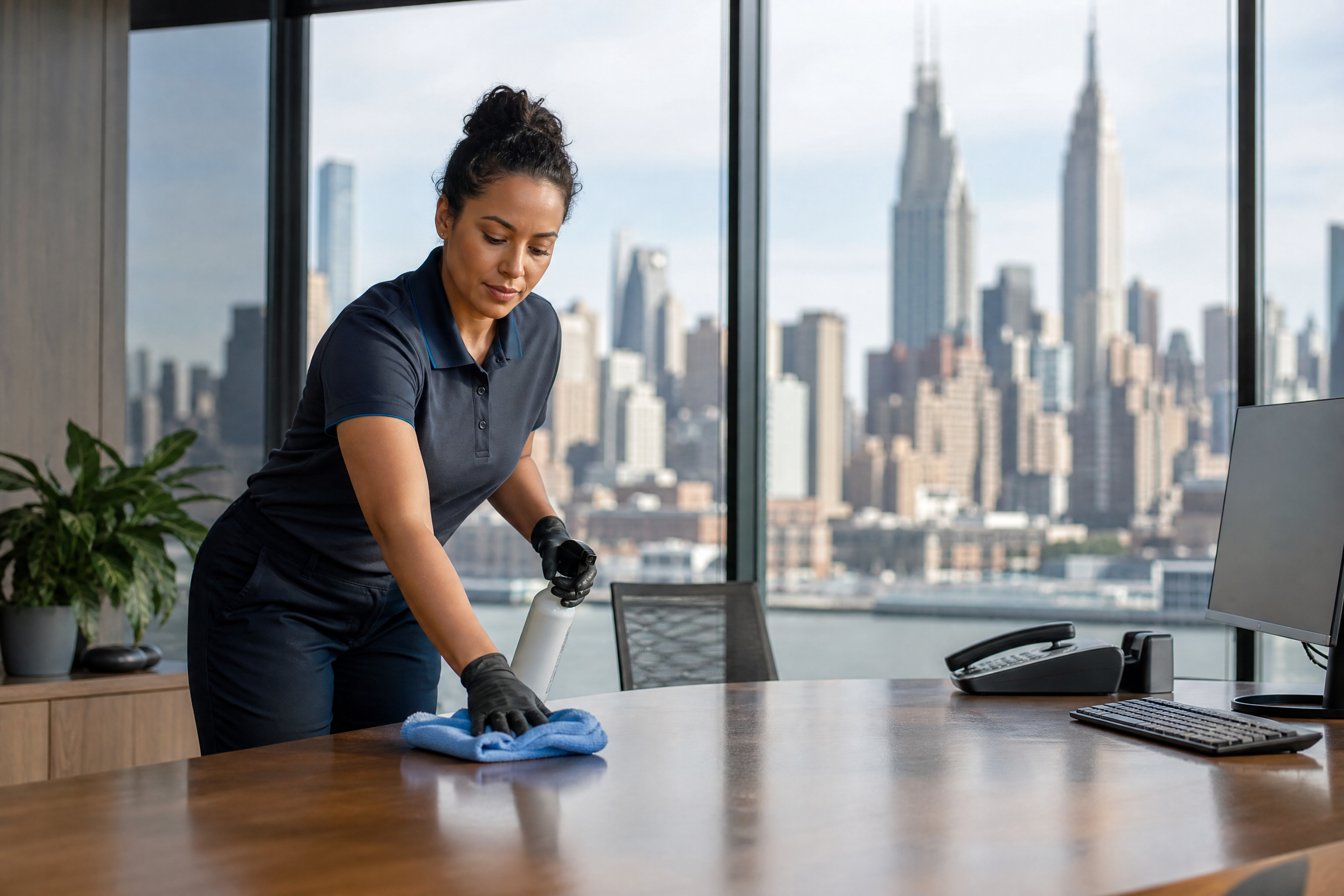 A professional cleaner in a modern NYC office, meticulously wiping a desk with the city skyline visible through the window.