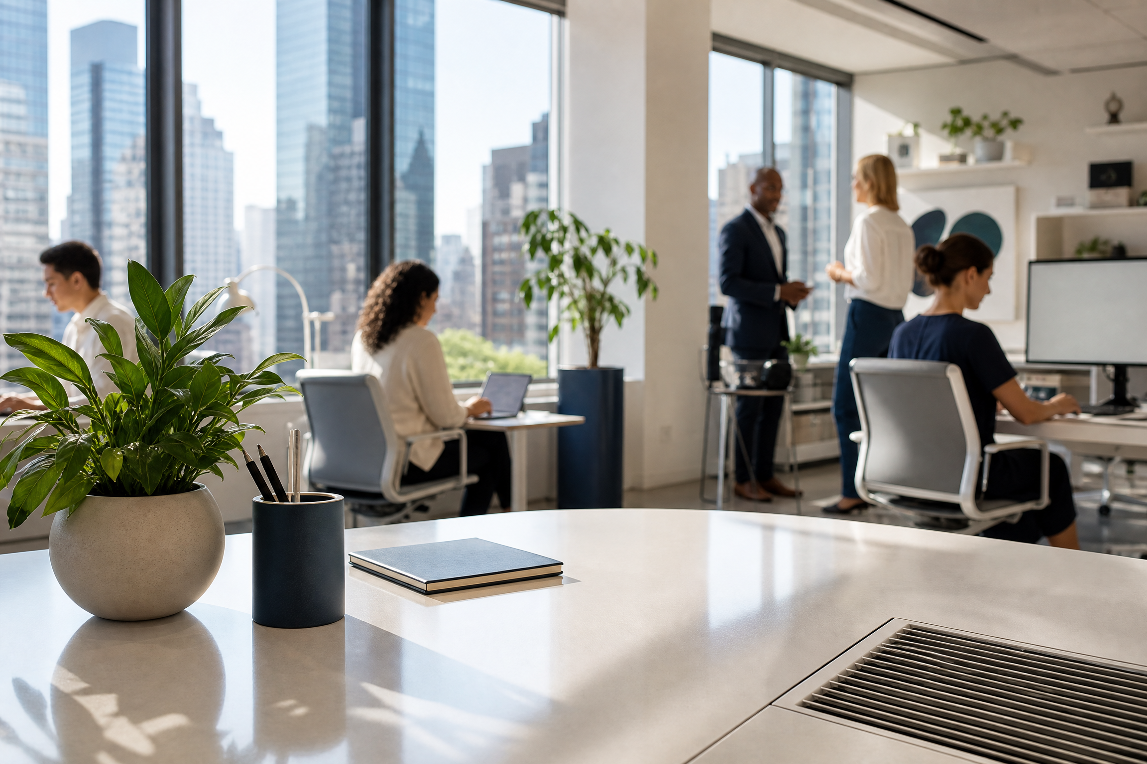 A bright, modern office in NYC with diverse workers, natural light, and clean surfaces, reflecting a healthy and productive environment.