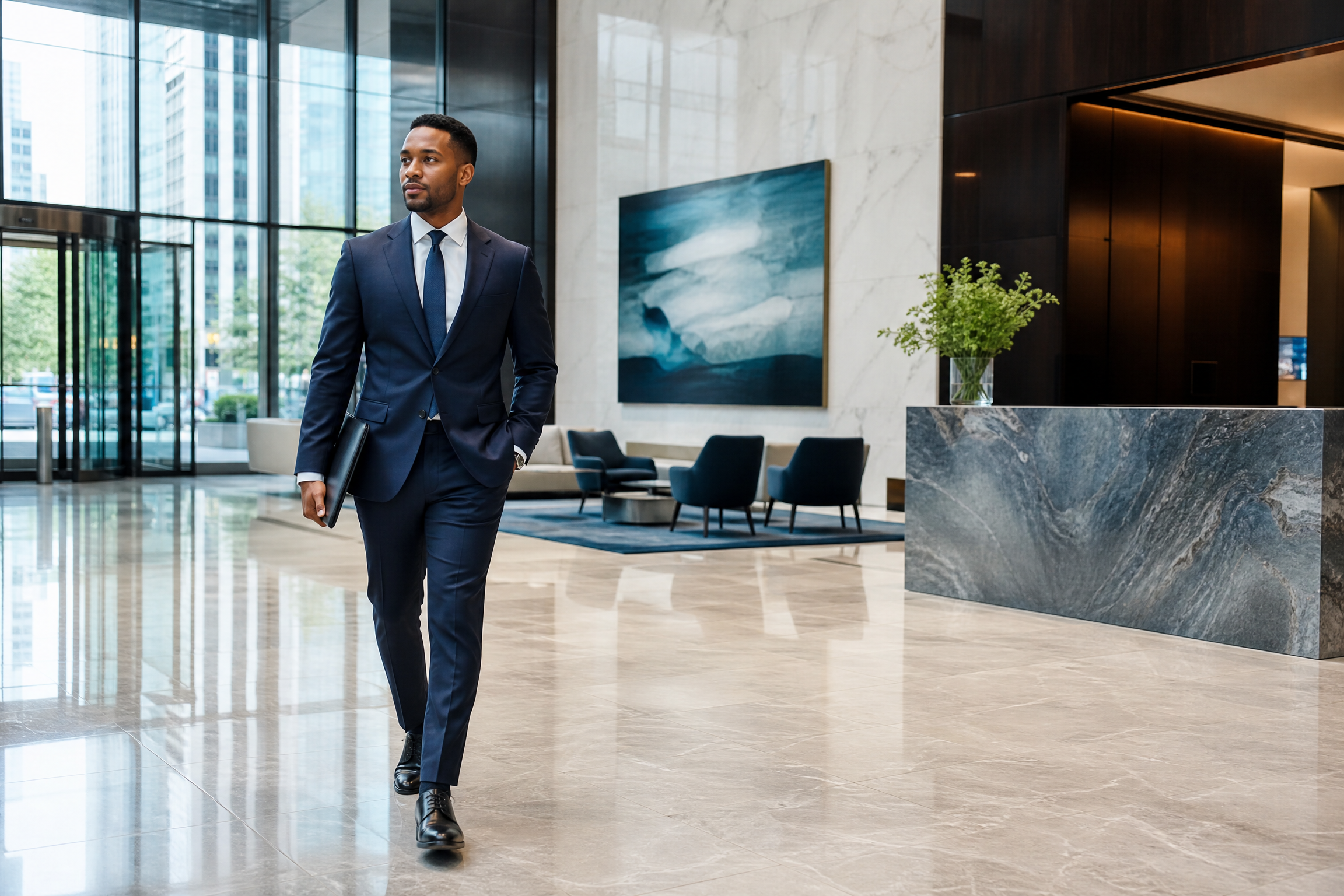 A well-dressed business professional walks through a pristine, modern office lobby with polished floors and contemporary decor, reflecting a clean business image.