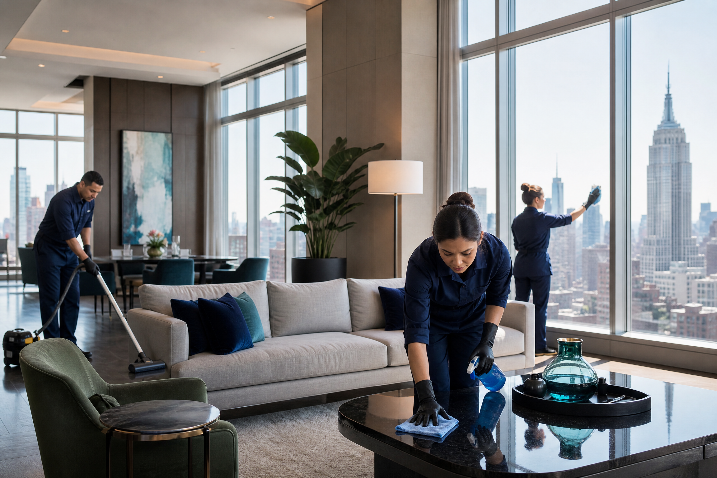A professional cleaning crew meticulously cleans a modern, well-lit common area in a high-rise residential building in New York City, with the Empire State Building visible through the window.