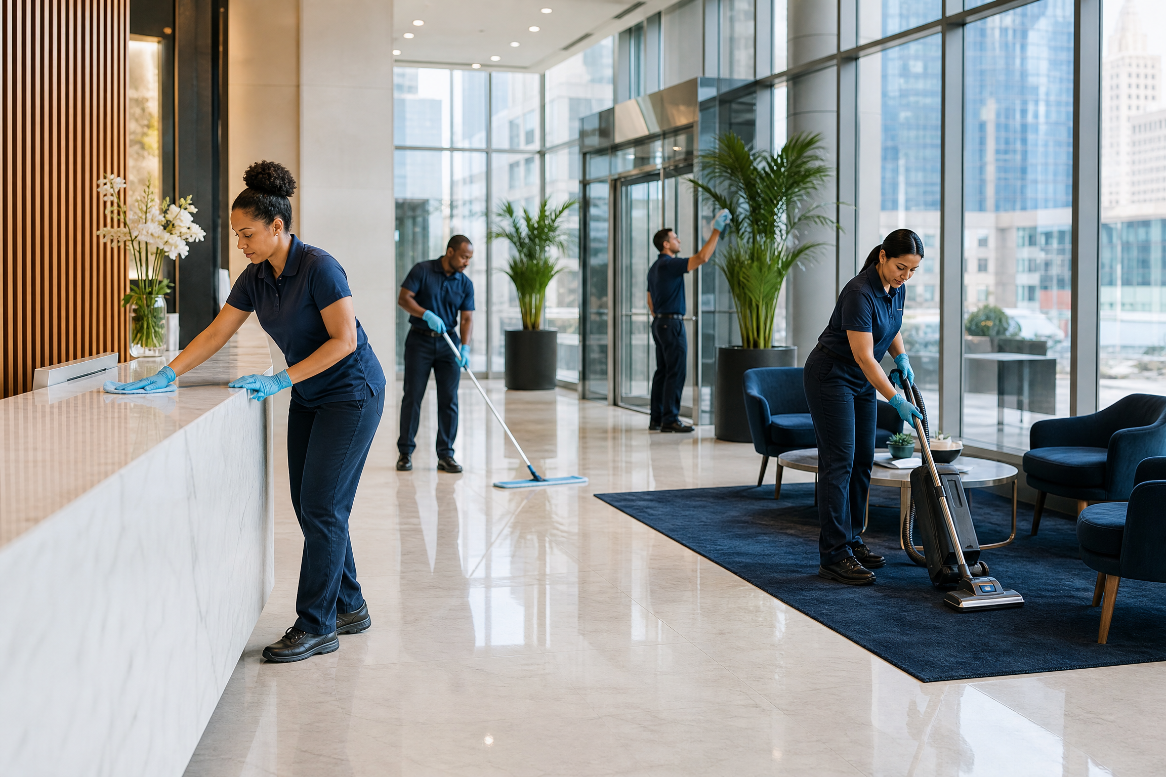 A diverse team of professional cleaners meticulously maintains a modern, sunlit office lobby in a New York City high-rise, showcasing efficient outsourced cleaning services.