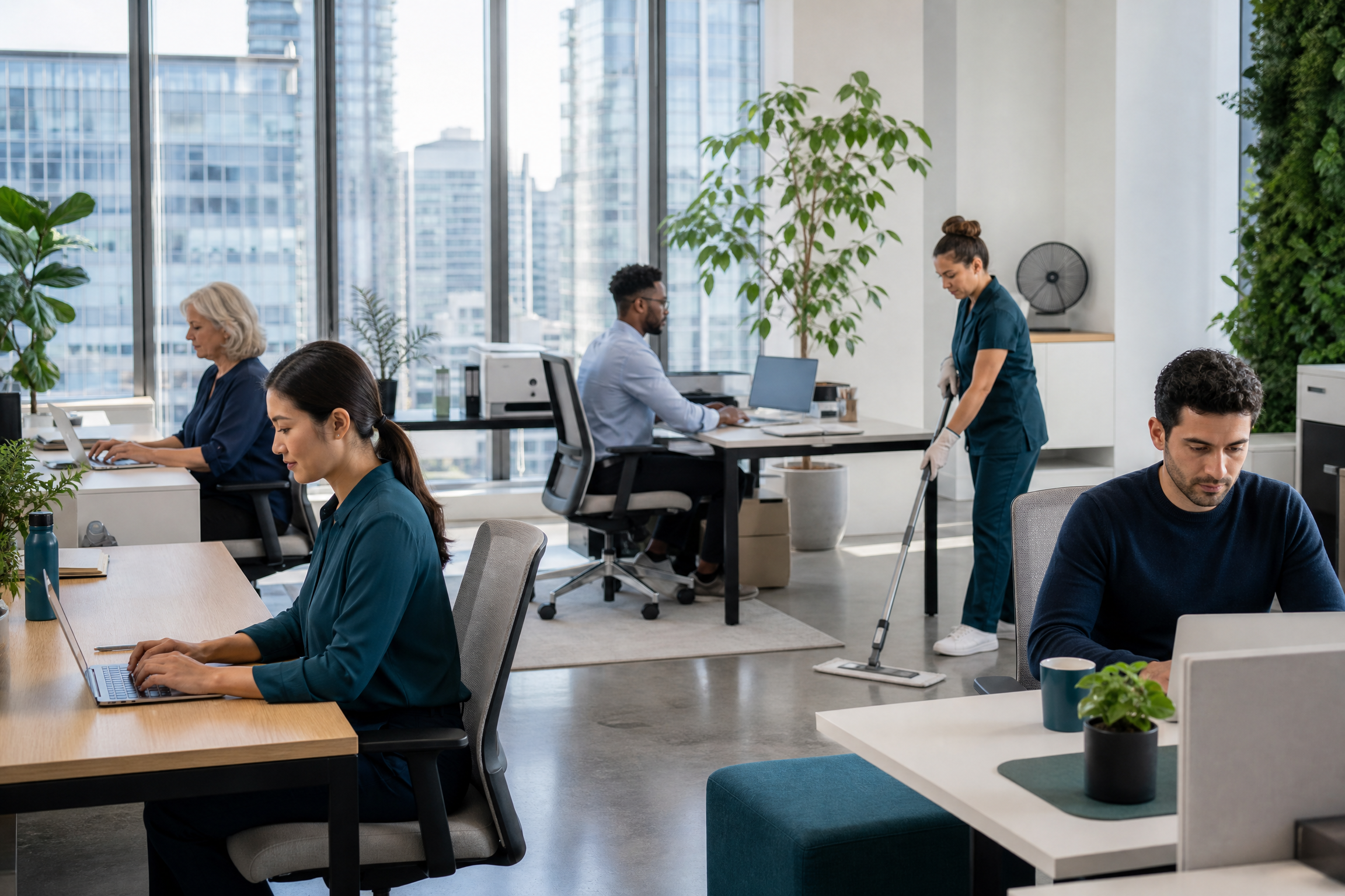 A modern, naturally lit office in New York City with diverse employees working at desks and a cleaner mopping the floor, emphasizing a productive and healthy environment.