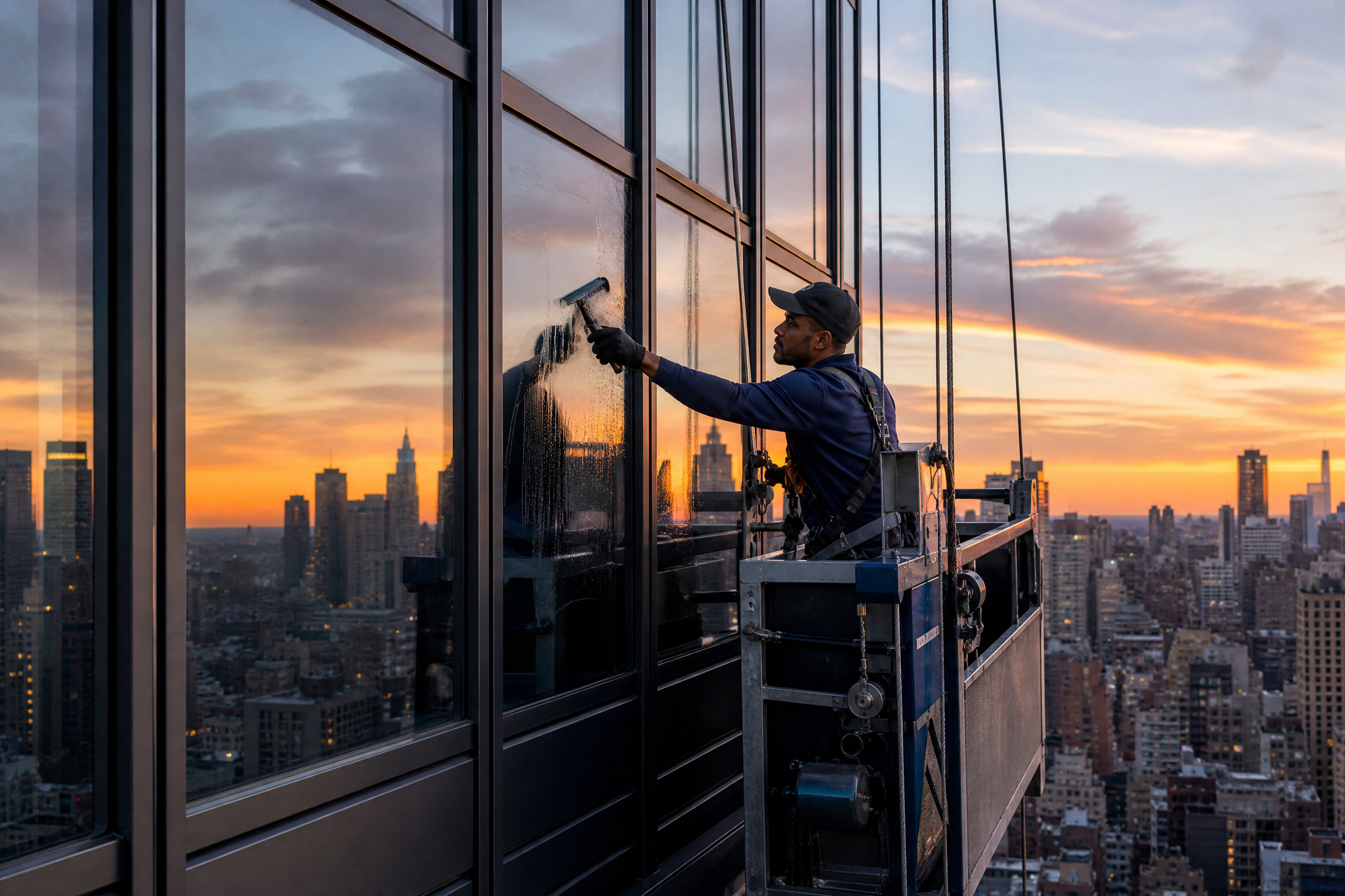 A window cleaner on a suspended platform meticulously cleans a high-rise building window in New York City, reflecting the sunset skyline.
