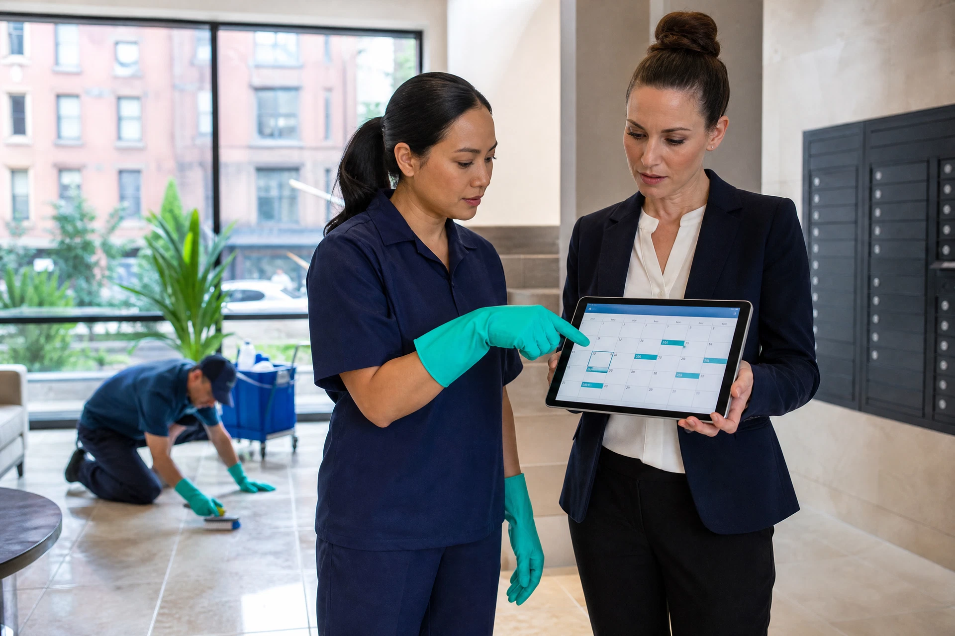 A diverse team of professional cleaners in navy and teal uniforms deep cleaning a luxurious, well-lit hallway in a New York City high-rise apartment building.