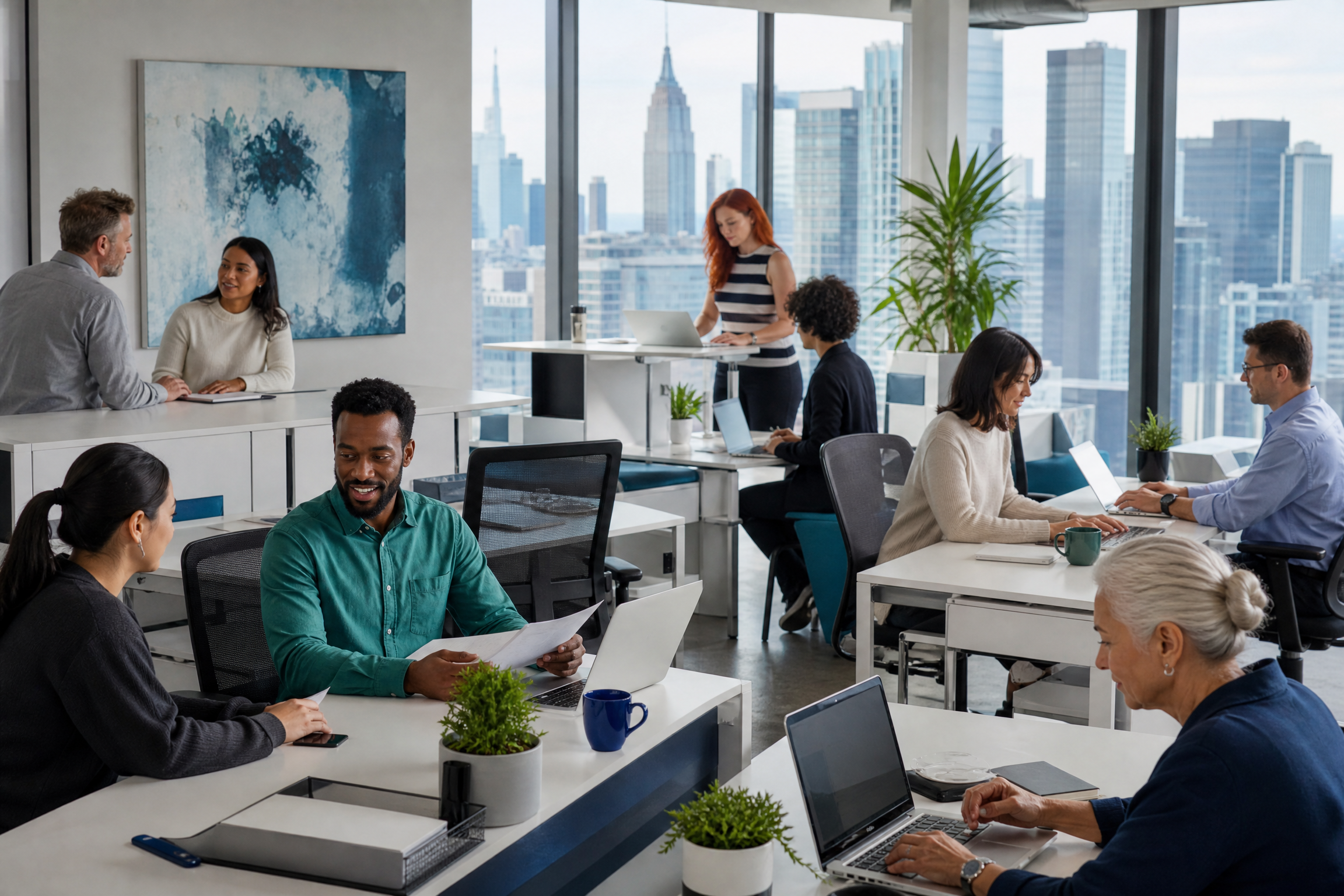 Diverse employees work productively in a clean, modern New York City office with skyline views, reflecting improved morale and efficiency.