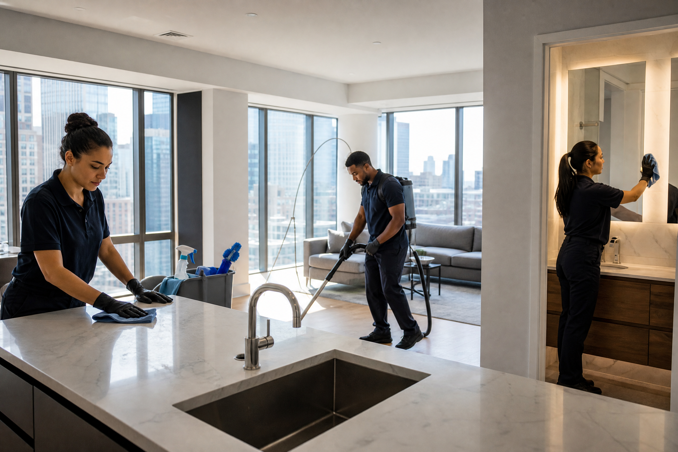 A diverse cleaning crew meticulously cleans a modern, sunlit high-rise apartment in New York City after construction, showcasing thoroughness and professionalism.