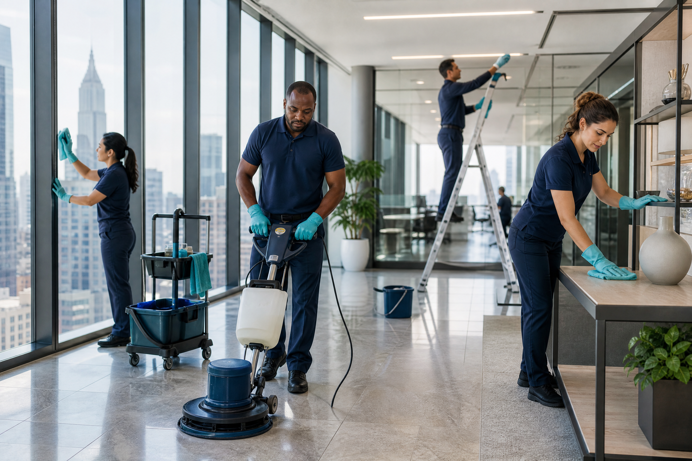 A diverse team of professional cleaners performing seasonal deep cleaning in a modern, high-rise commercial office building in New York City.