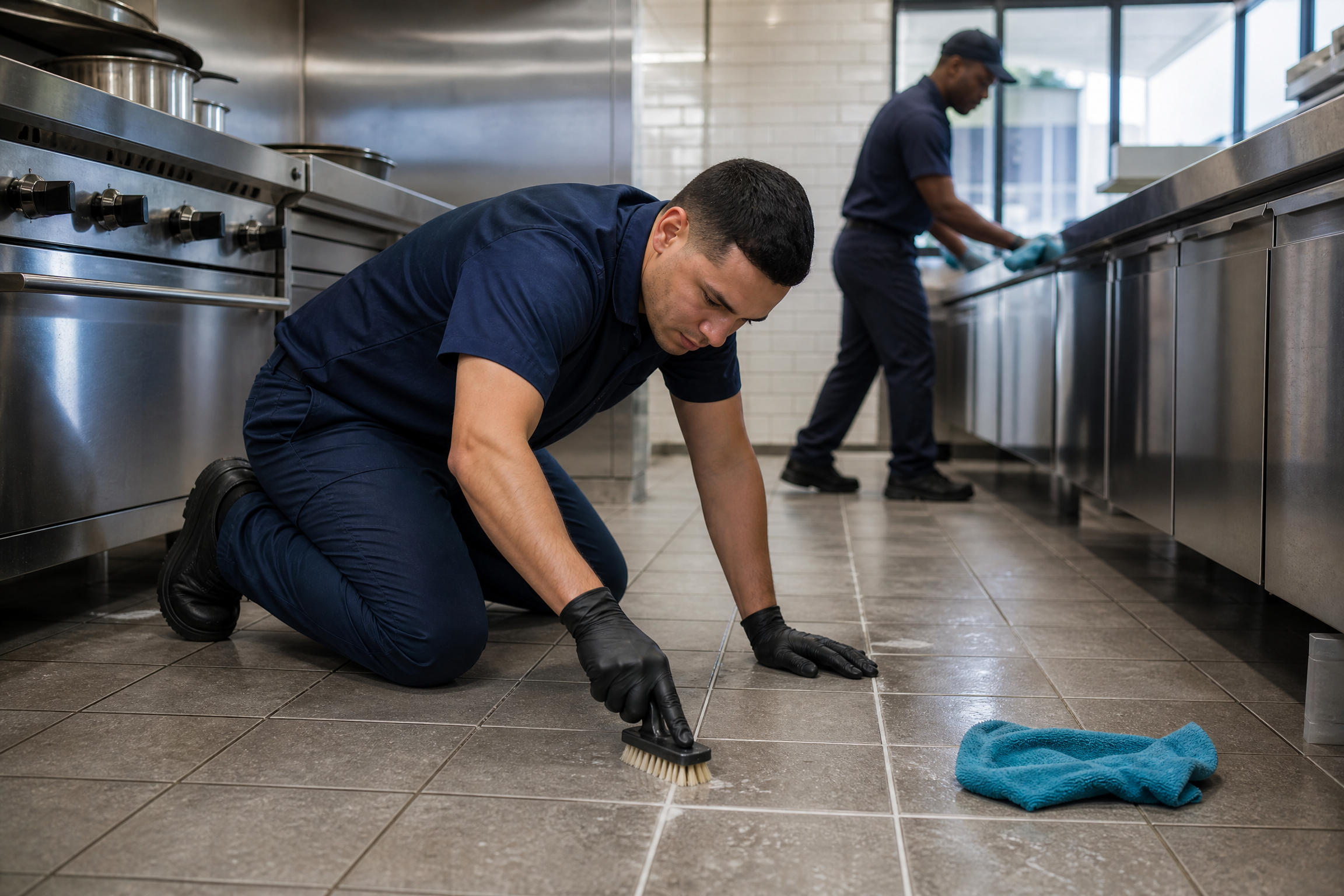 A professional cleaner meticulously scrubs grout in a high-end commercial kitchen, while another cleaner performs a routine wipe-down in the background, illustrating the difference between standard and deep cleaning services.