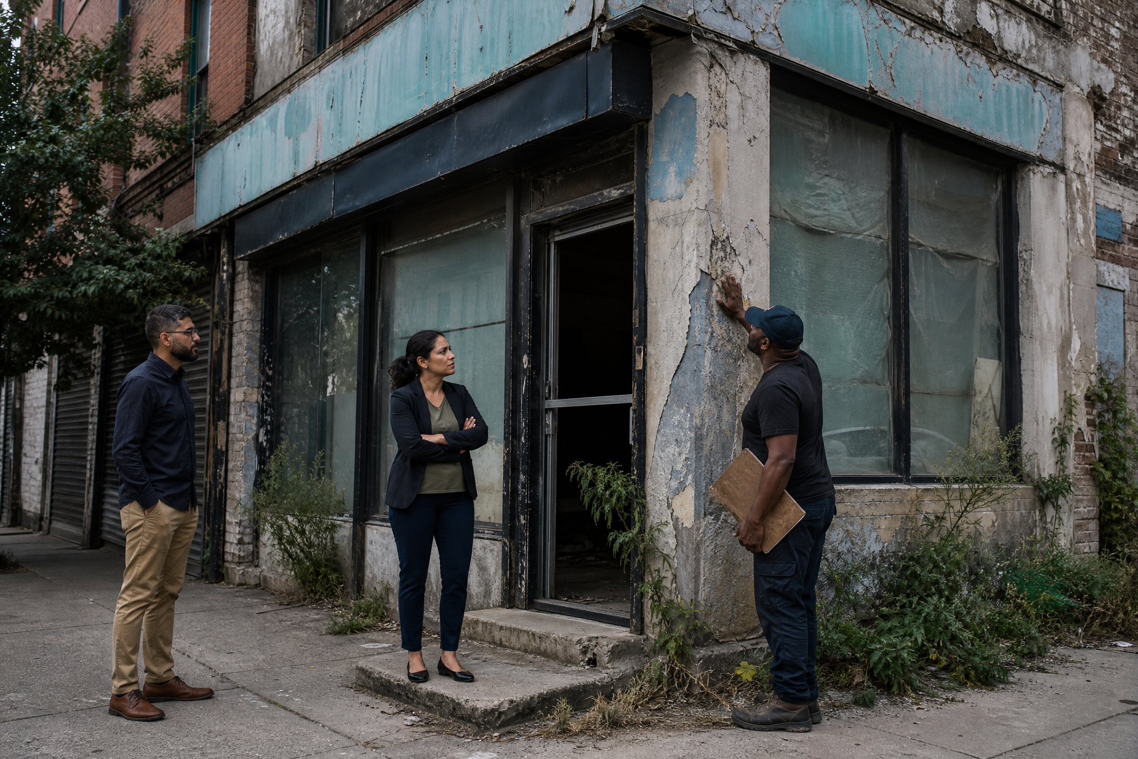 A concerned business owner and a maintenance worker inspect a neglected commercial building facade in a New York City borough, highlighting the costs of poor property maintenance.