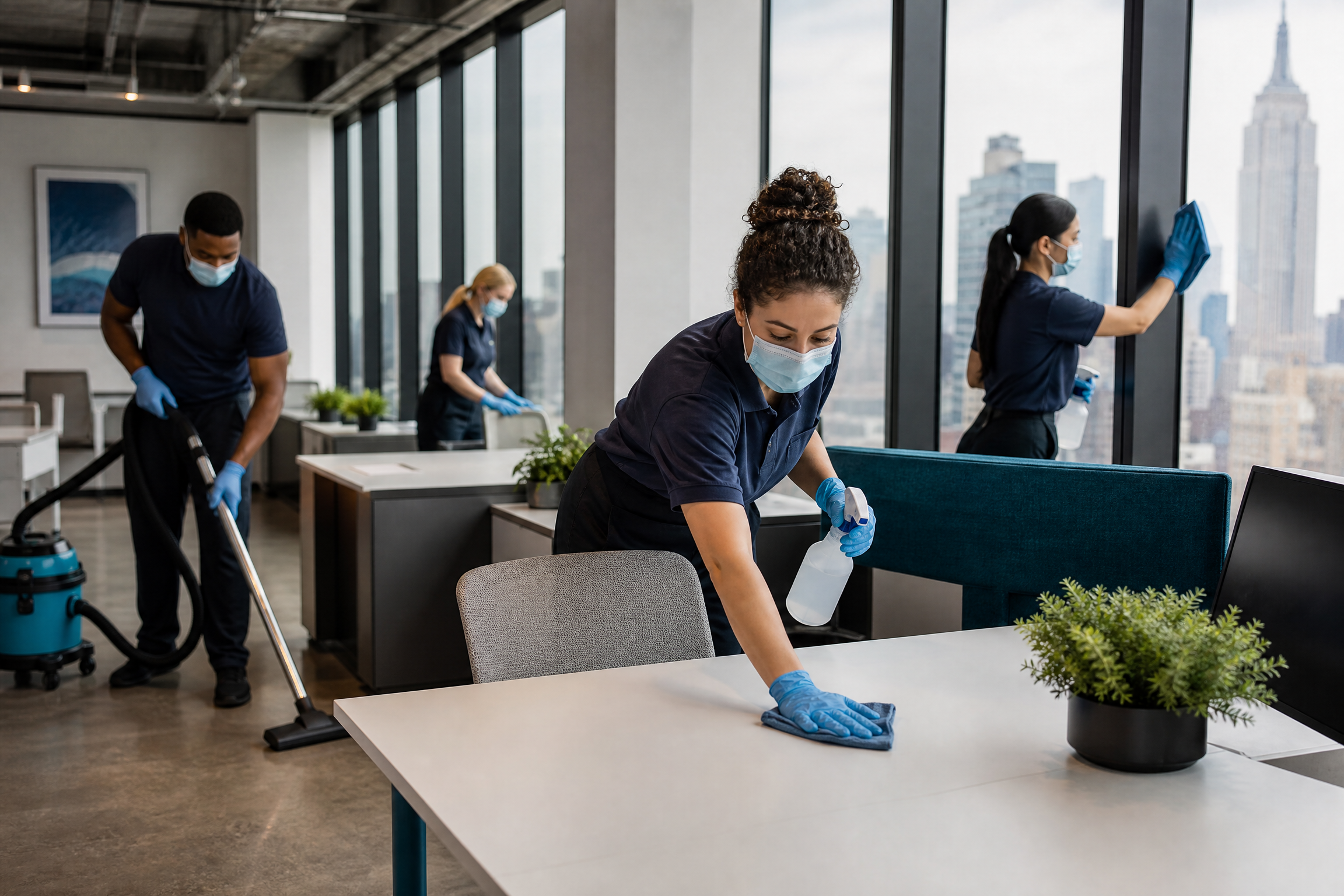 A team of masked cleaners in navy uniforms and blue gloves vacuuming, wiping surfaces, and cleaning windows in a modern New York City office with a city skyline view.